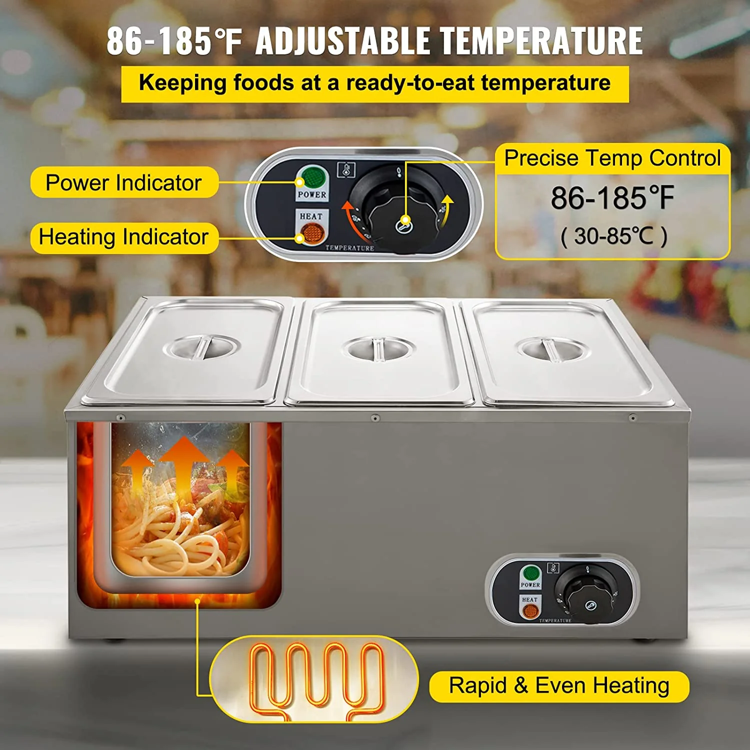 110V Commercial 3-Pan Buffet Food Warmer – 850W Stainless Steel, 16 Qt Capacity | SKU: 454423 - Image 5