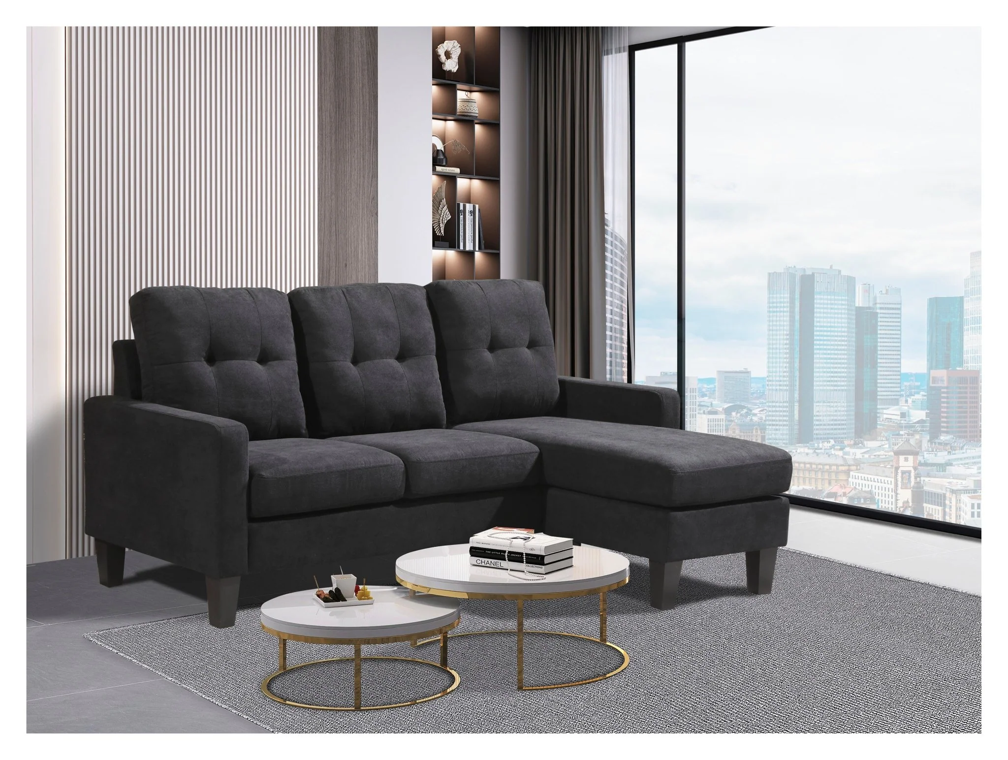 Compact L-Shaped Sectional Sofa with Ottoman – Reversible Chaise, Dark Gray or Black BT2628 - Image 2