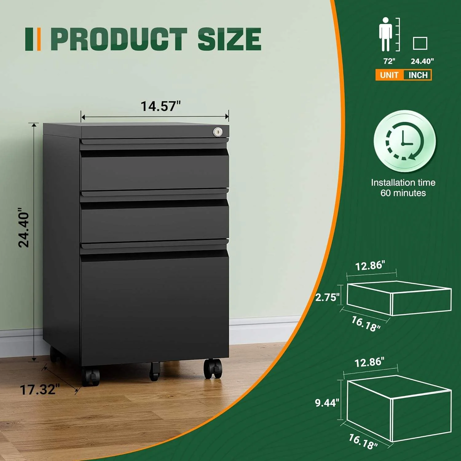 Compact Steel Storage Cabinet 14.7″ × 17.3″ × 24″ Pre-Assembled Utility Cabinet Black YCGS01 - Image 3