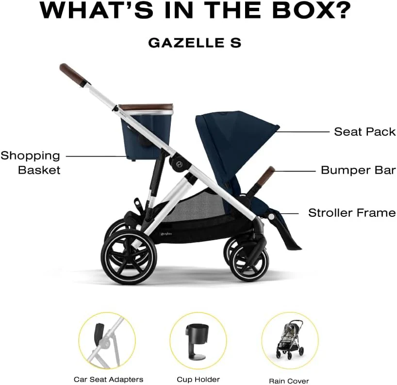 Cybex Gazelle S 2 Stroller – Modular Double Stroller for Infant and Toddler, Includes Detachable Shopping Basket, Over 20+ Configurations, Folds Flat for Easy Storage - Ocean Blue/Silver Frame - Image 3