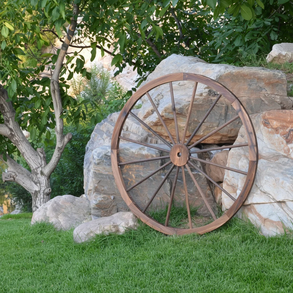Decorative Wooden Garden Wagon Wheels – Rustic Burnt Wood Outdoor Décor in 24", 32", 36", 42", 48" Sizes - Image 3