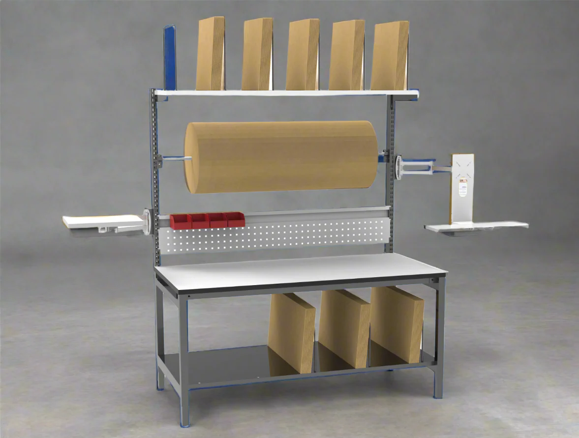 Deluxe Packing Workbench – Packing Station 61" Heavy-Duty Industrial Table with Shelves, Pegboard & Dispenser, Model: 2504701