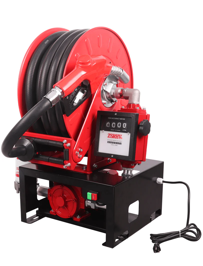 12V & 110V Diesel Fuel Transfer Pump with 50 FT Auto-Retractable Hose Reel