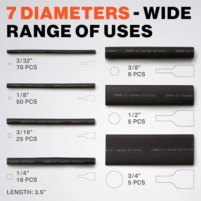 Dowire 180-Piece Black Heat Shrink Tubing Kit – 3:1 Adhesive-Lined Waterproof Marine Grade Wire Shrink Wrap - Image 3