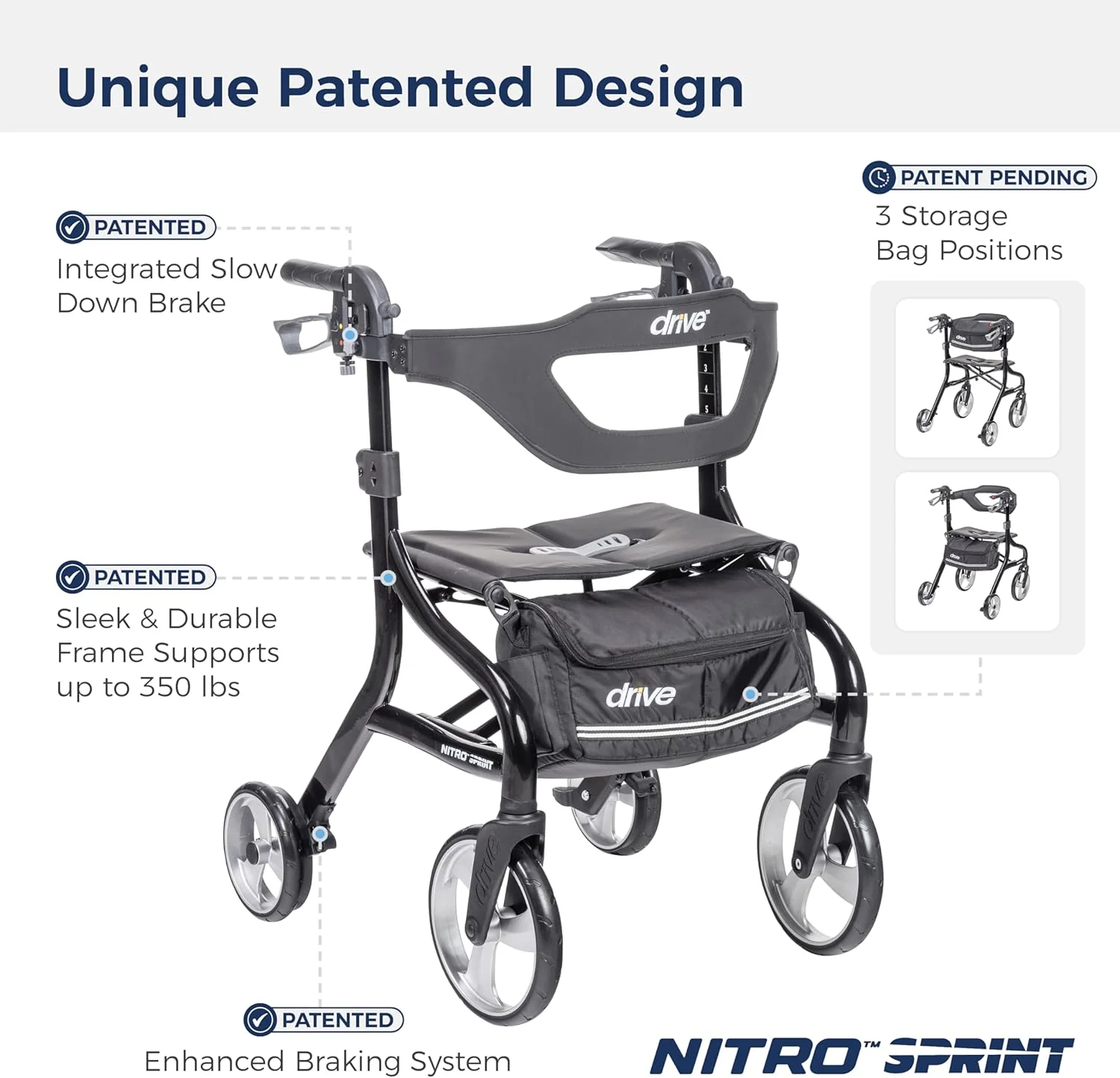 Drive Medical Nitro Sprint Foldable Rollator Walker with Seat, Standard Height Lightweight Rollator with Large Wheels, Folding Rolling Walker, Walker Rollator with Seat, Black - Image 2