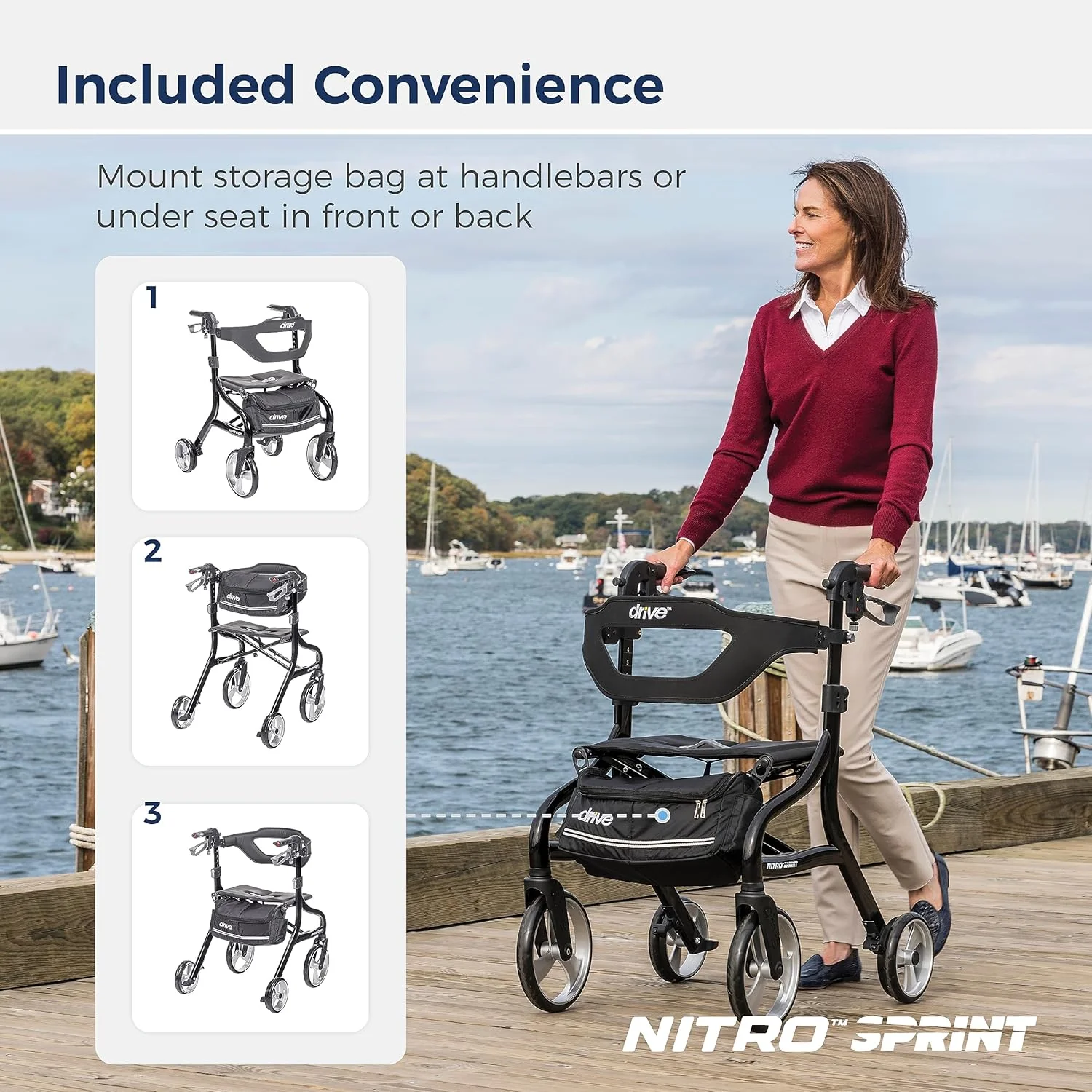 Drive Medical Nitro Sprint Foldable Rollator Walker with Seat, Standard Height Lightweight Rollator with Large Wheels, Folding Rolling Walker, Walker Rollator with Seat, Black - Image 4