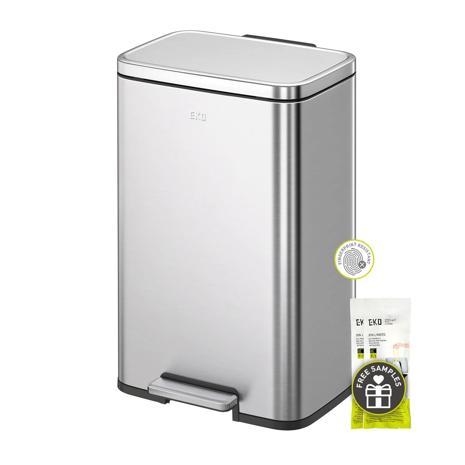 EKO Madison Brushed Stainless 25L+20L Dual Compartment Step Trash Can with Inner Liner, Recycling Bin, Soft-Close Lid, Fingerprint-Resistant Finish, and Durable Stainless Steel for Home and Office. Tiny dents