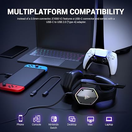 EKSA E1000 V2 Wired Gaming Headset – USB-C and USB-A PC Headset with 7.1 Surround Sound, RGB Lighting and Noise-Canceling Mic - Image 3