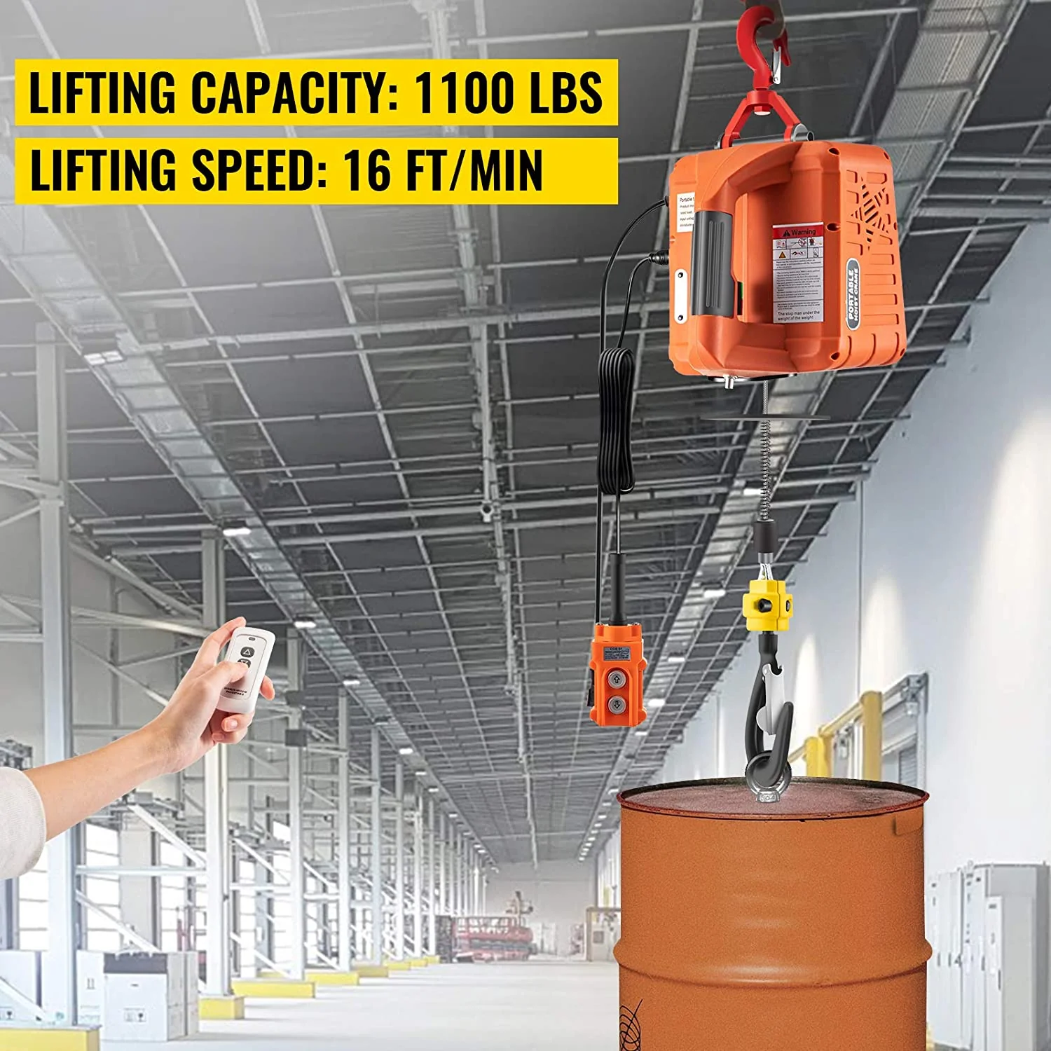 3-in-1 1500W Electric Hoist Winch | 1100 lbs Capacity | Wireless Remote Control 523667 - Image 8