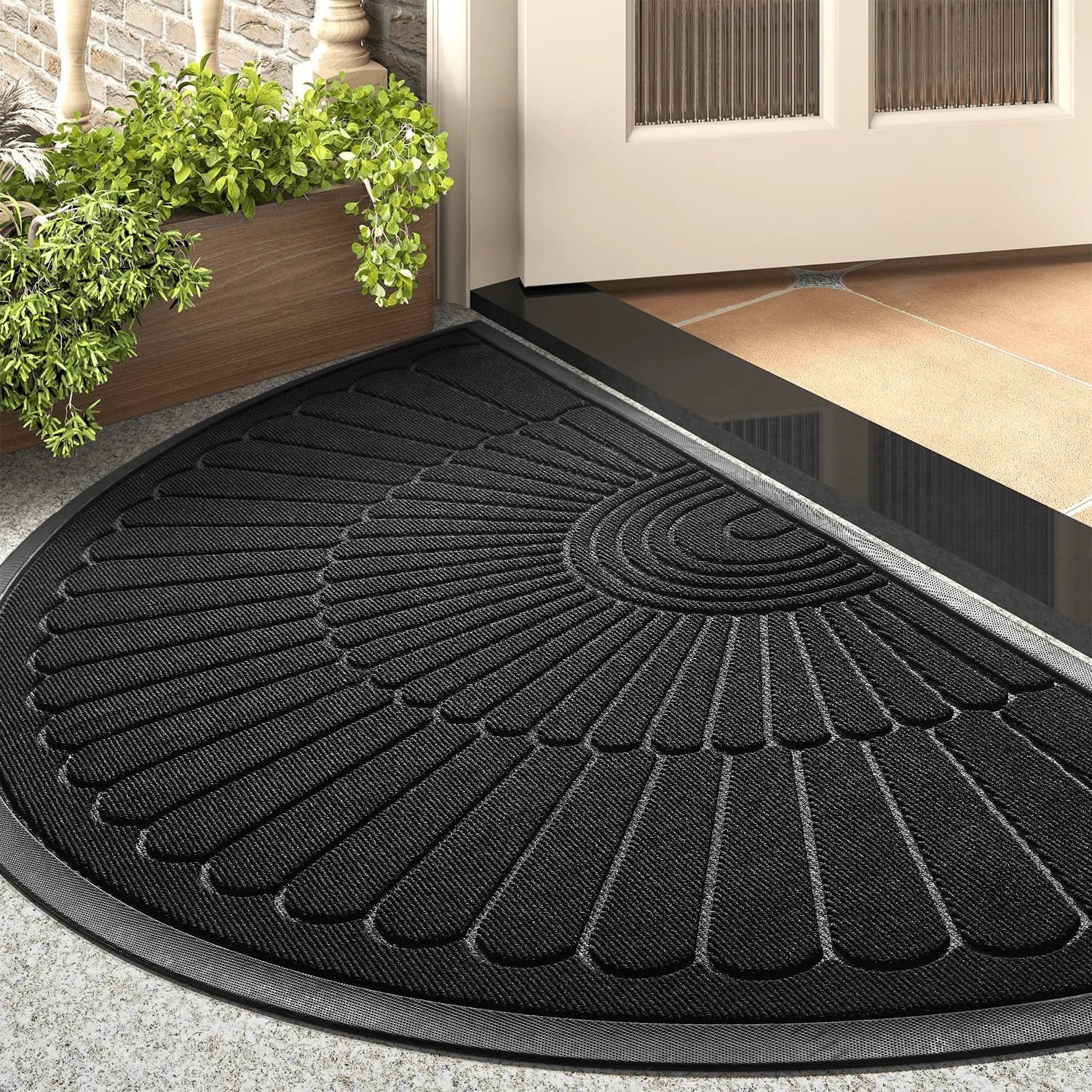 Embossed Rubber Doormat Semicircle Heavy Duty Outdoor Entry Mat 24 x 35 Inch Black 60903
