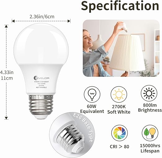Evelor A19 LED Light Bulbs 24 Pack 9W 60W Equivalent - Soft White 2700K - Image 2