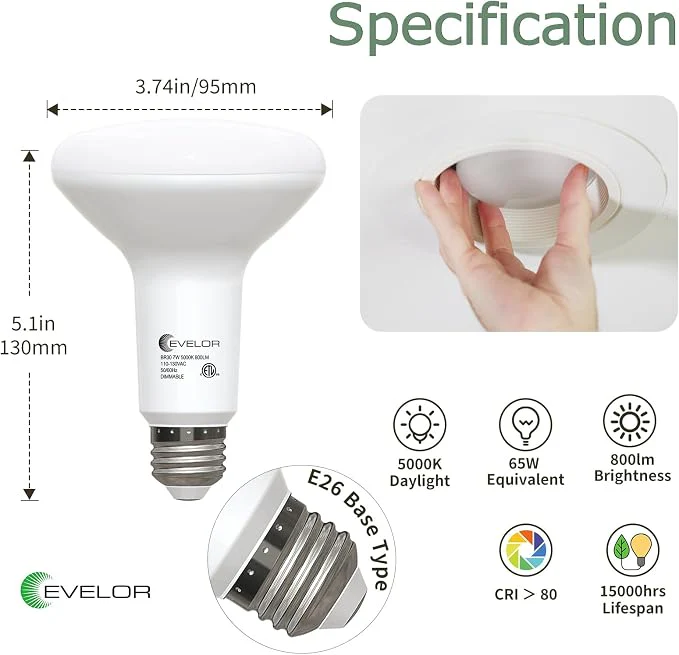 Evelor BR30 LED Light Bulbs – 65W Equivalent, 7W Dimmable 5000K Daylight Recessed Flood Lights, 6 Pack - Image 2