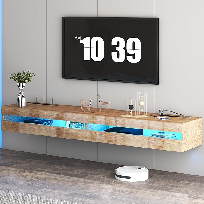 EXQUAL 71 Inch Floating TV Stand with LED Lights and Power Outlet Wall Mounted
