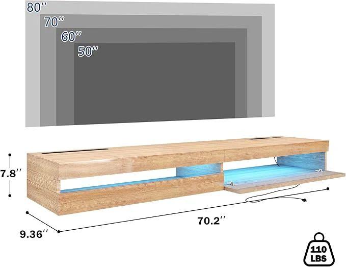 EXQUAL 71 Inch Floating TV Stand with LED Lights and Power Outlet Wall Mounted - Image 2