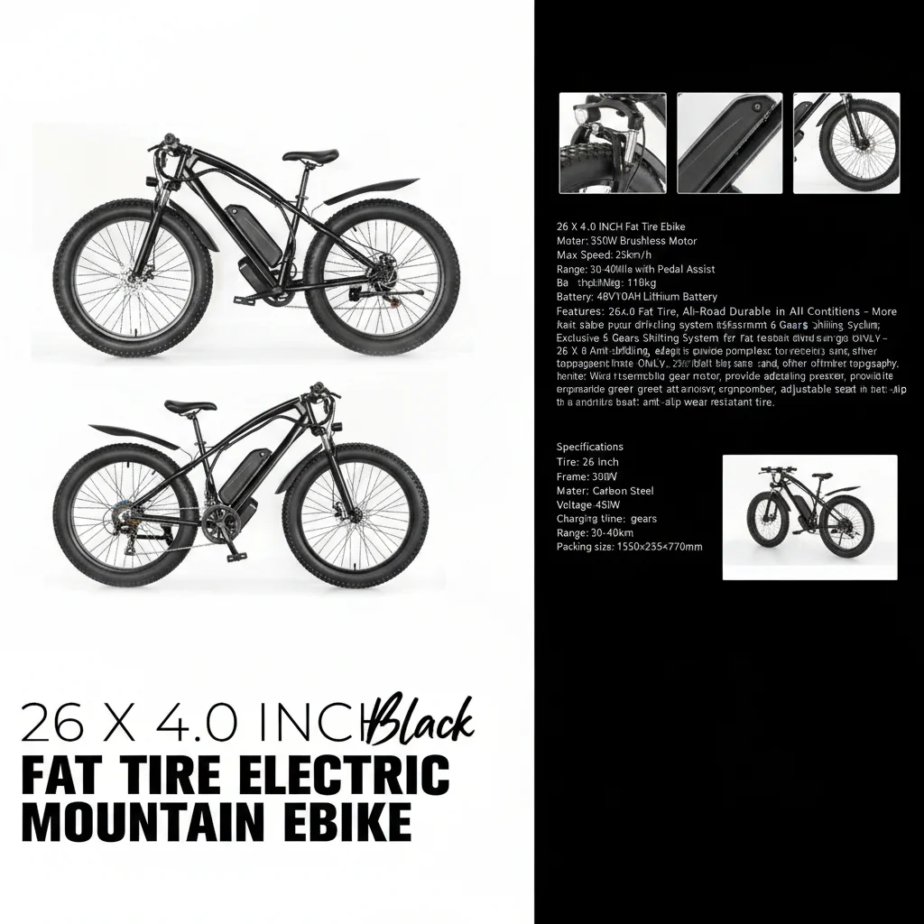 26" x 4.0" Fat Tire Electric Mountain E-Bike – 350W Motor, 48V Battery, Matte Black | Off-Road & Commuter 2504291