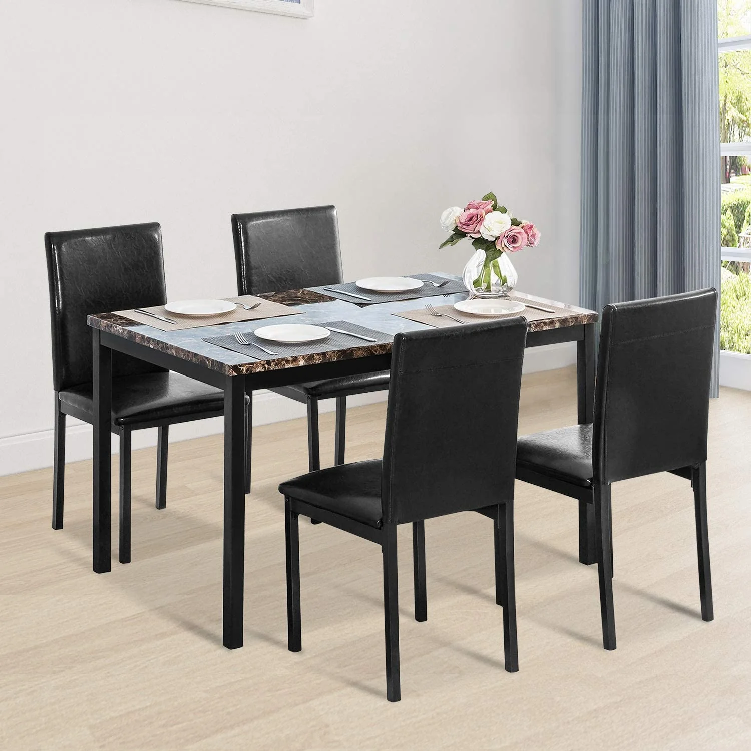5 Piece Faux Marble Dining Table Set with 4 Upholstered Chairs Modern Kitchen Set CS445B - Image 3