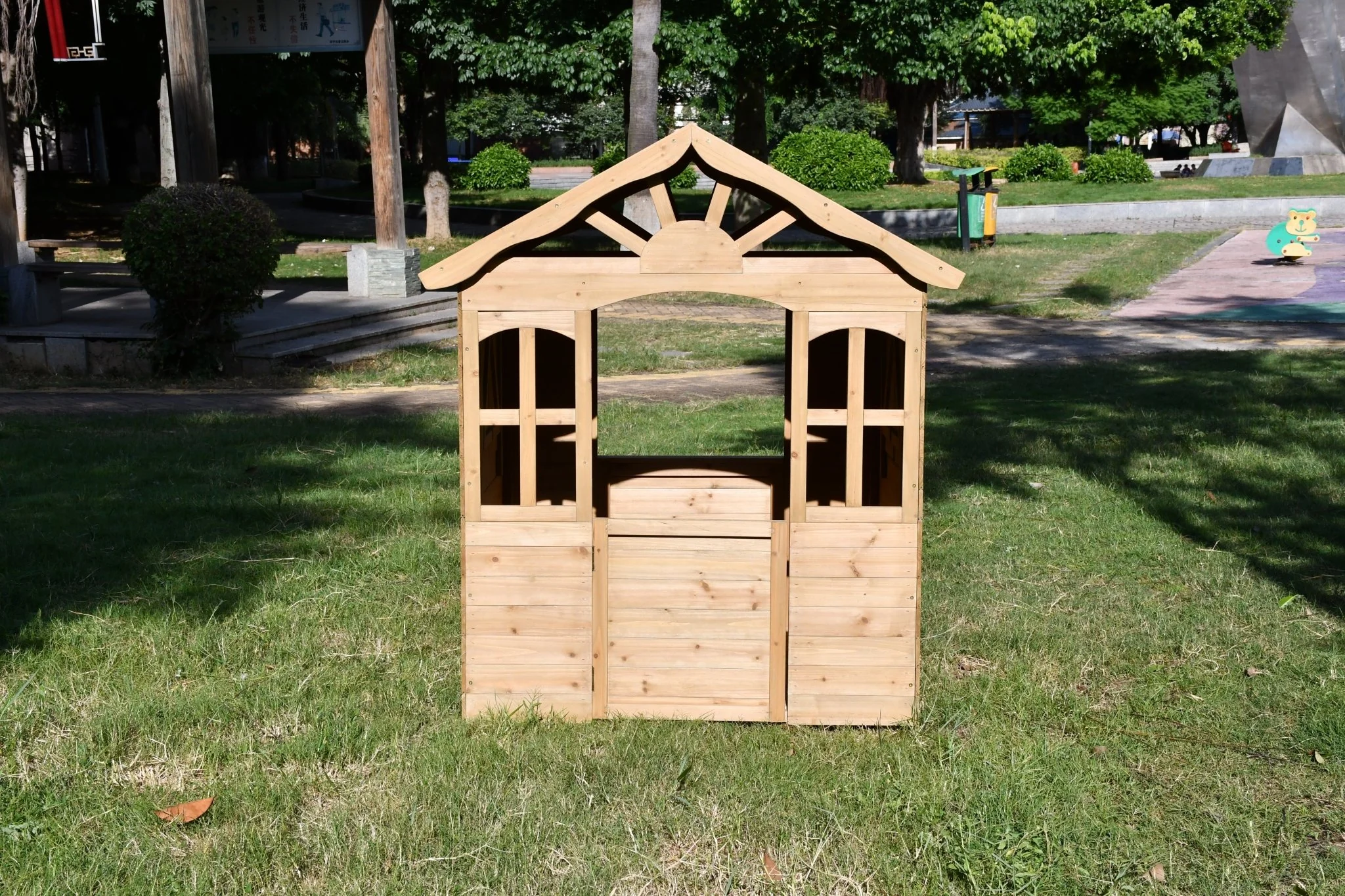 Fir Wood Kids Playhouse with Shuttered Windows & Sunburst Roof C1081G - Image 2