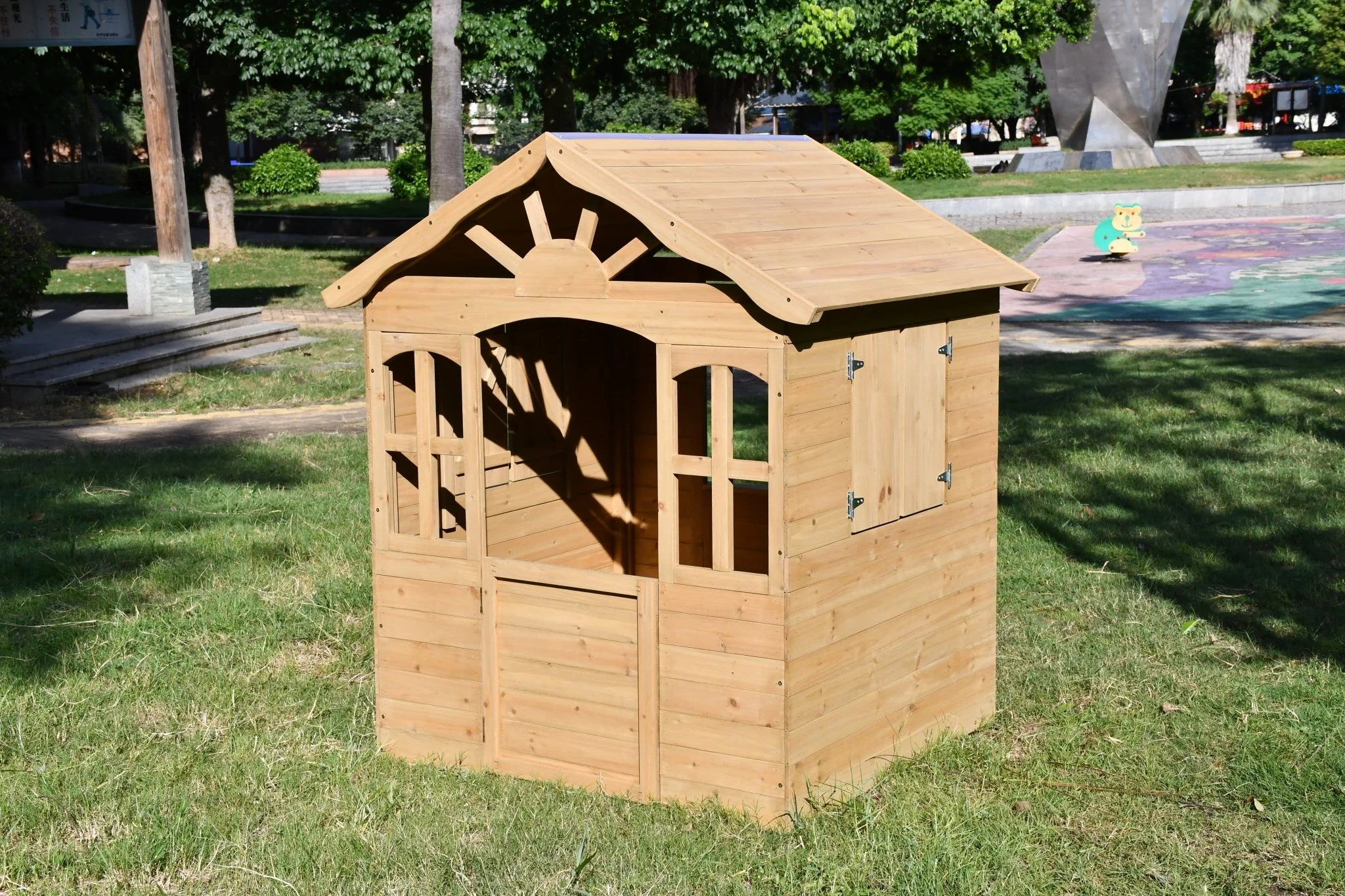 Fir Wood Kids Playhouse with Shuttered Windows & Sunburst Roof C1081G - Image 3