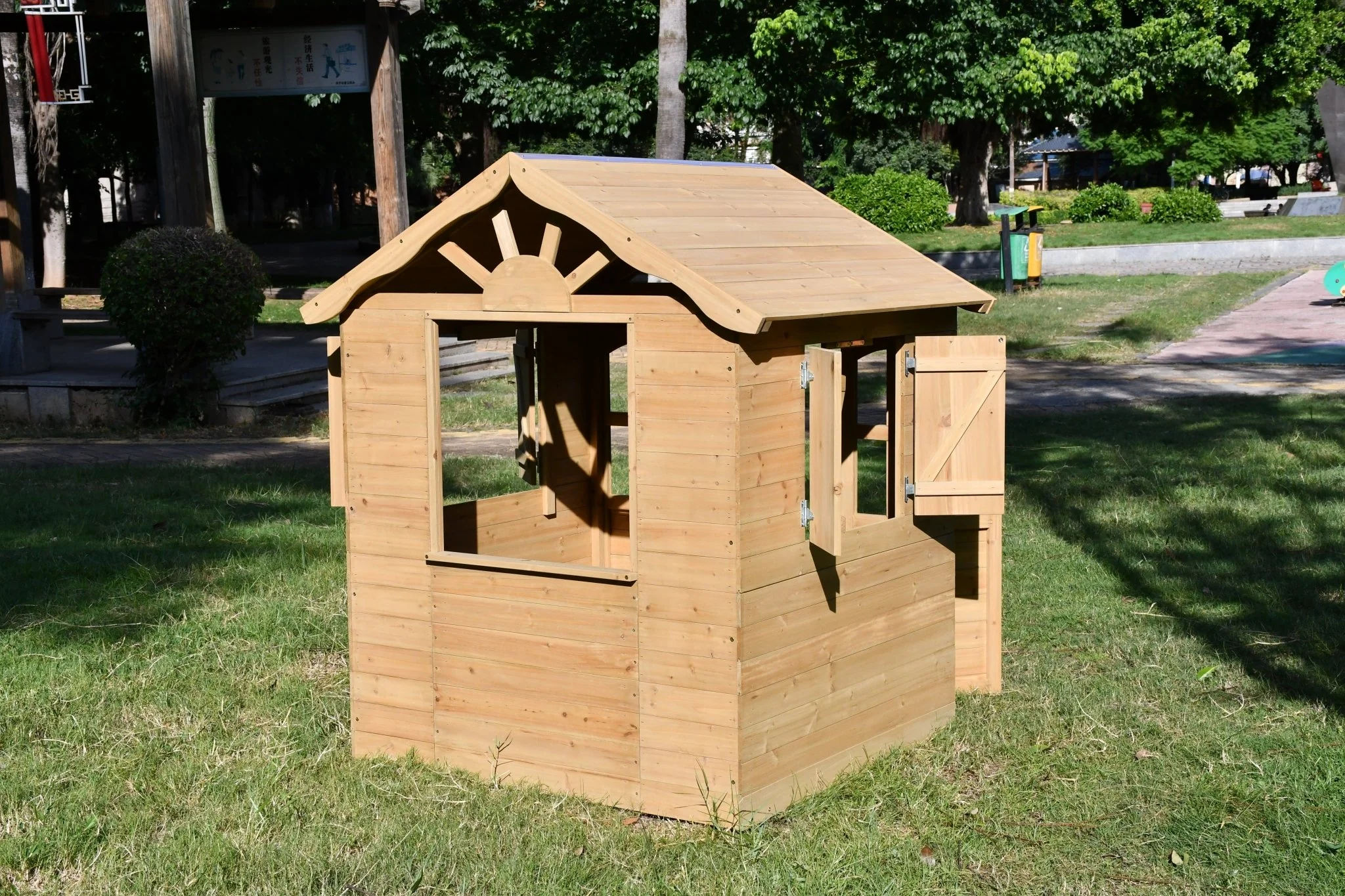 Fir Wood Kids Playhouse with Shuttered Windows & Sunburst Roof C1081G - Image 4