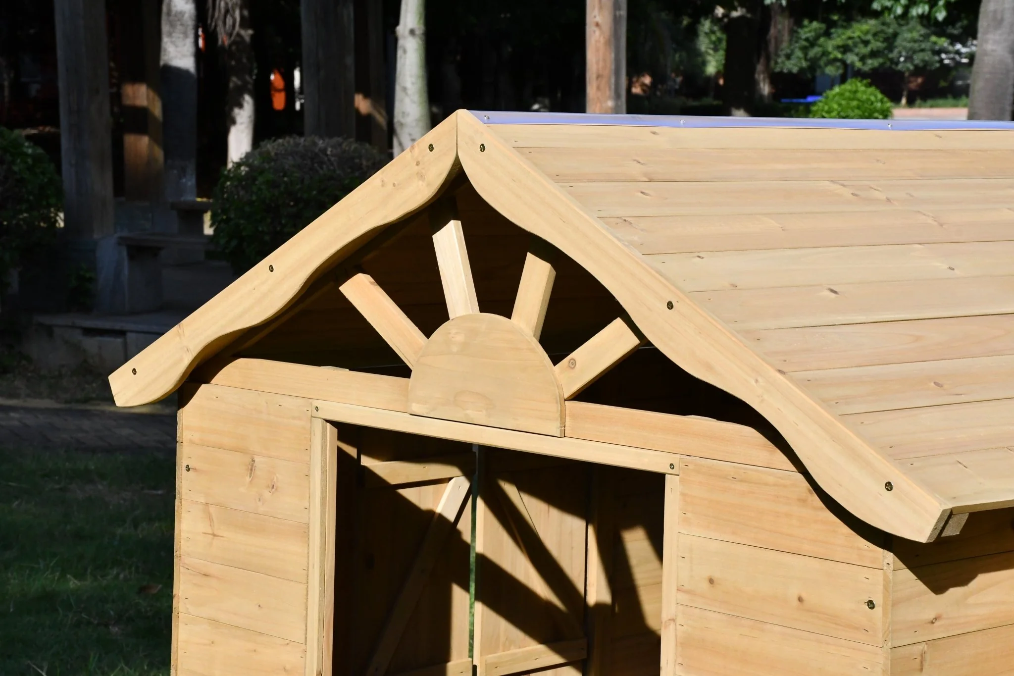 Fir Wood Kids Playhouse with Shuttered Windows & Sunburst Roof C1081G - Image 5