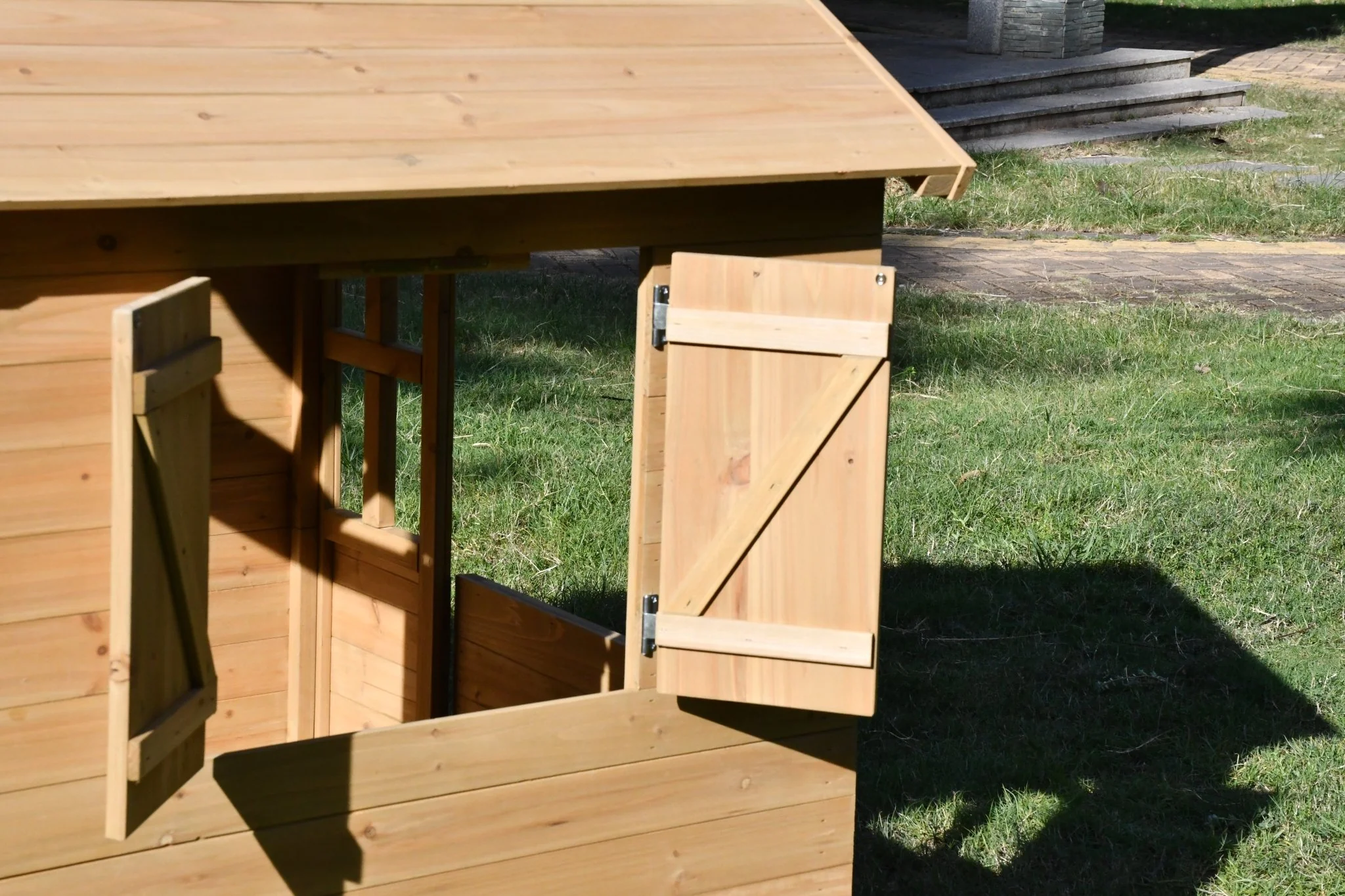 Fir Wood Kids Playhouse with Shuttered Windows & Sunburst Roof C1081G - Image 6