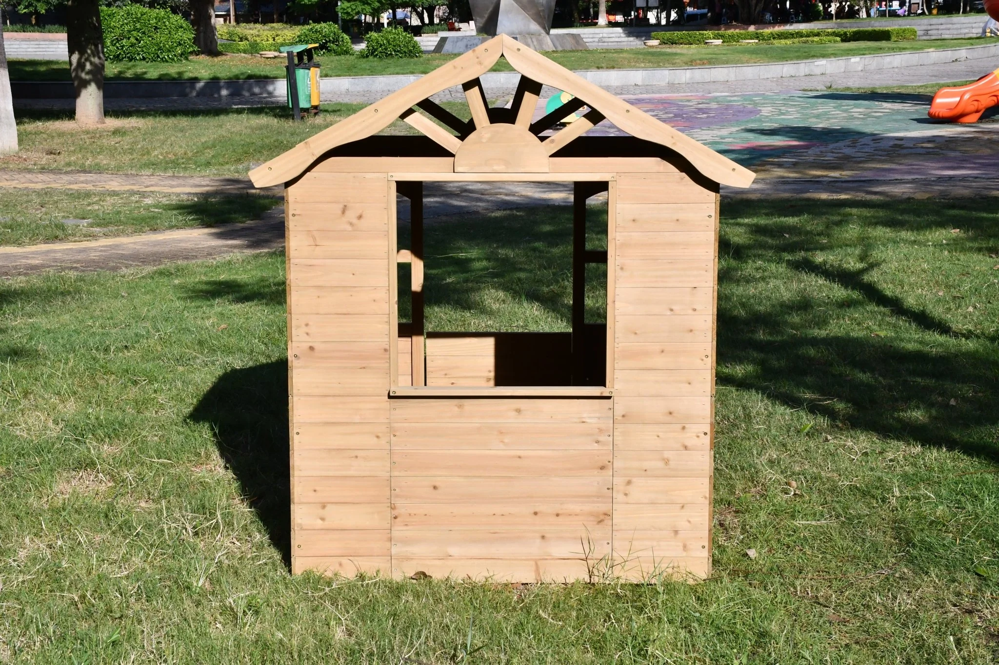 Fir Wood Kids Playhouse with Shuttered Windows & Sunburst Roof C1081G - Image 7