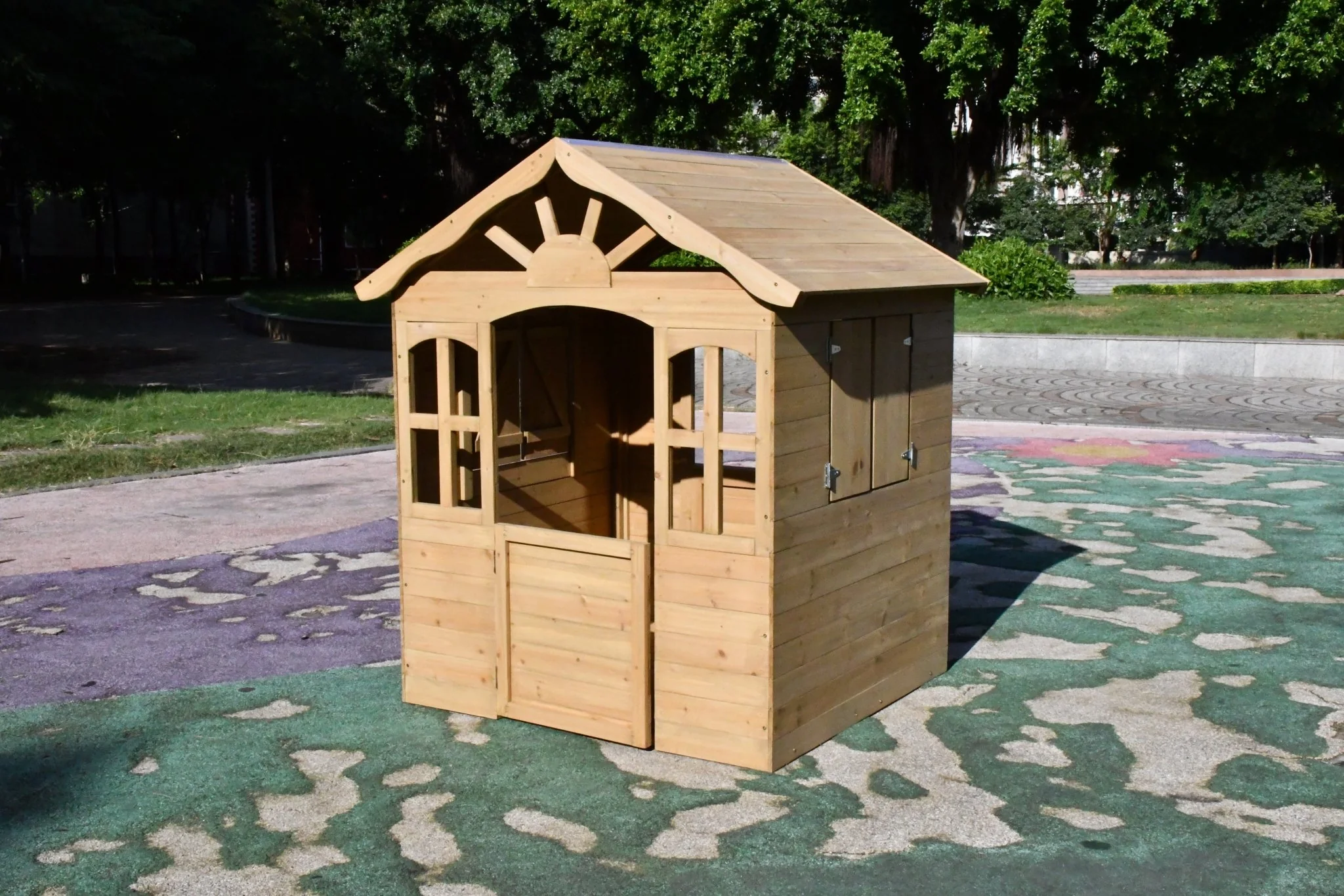 Fir Wood Kids Playhouse with Shuttered Windows & Sunburst Roof C1081G - Image 8