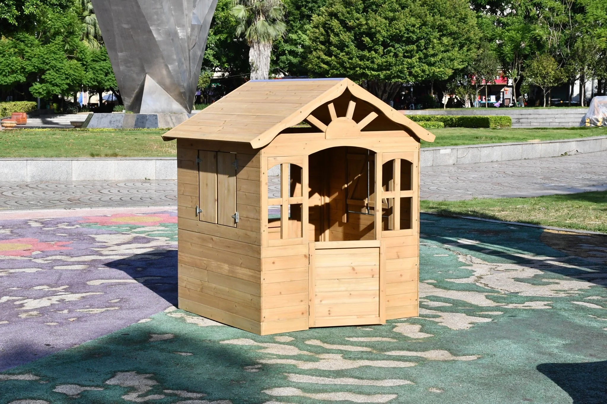 Fir Wood Kids Playhouse with Shuttered Windows & Sunburst Roof C1081G - Image 9