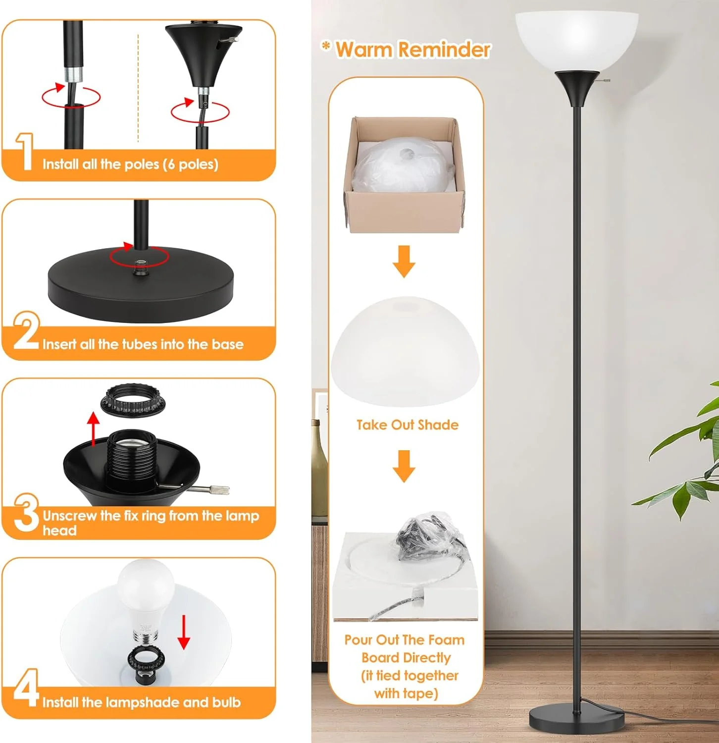 Floor Lamp Tall Standing Light with Bulb Included Black L7242 - Image 4