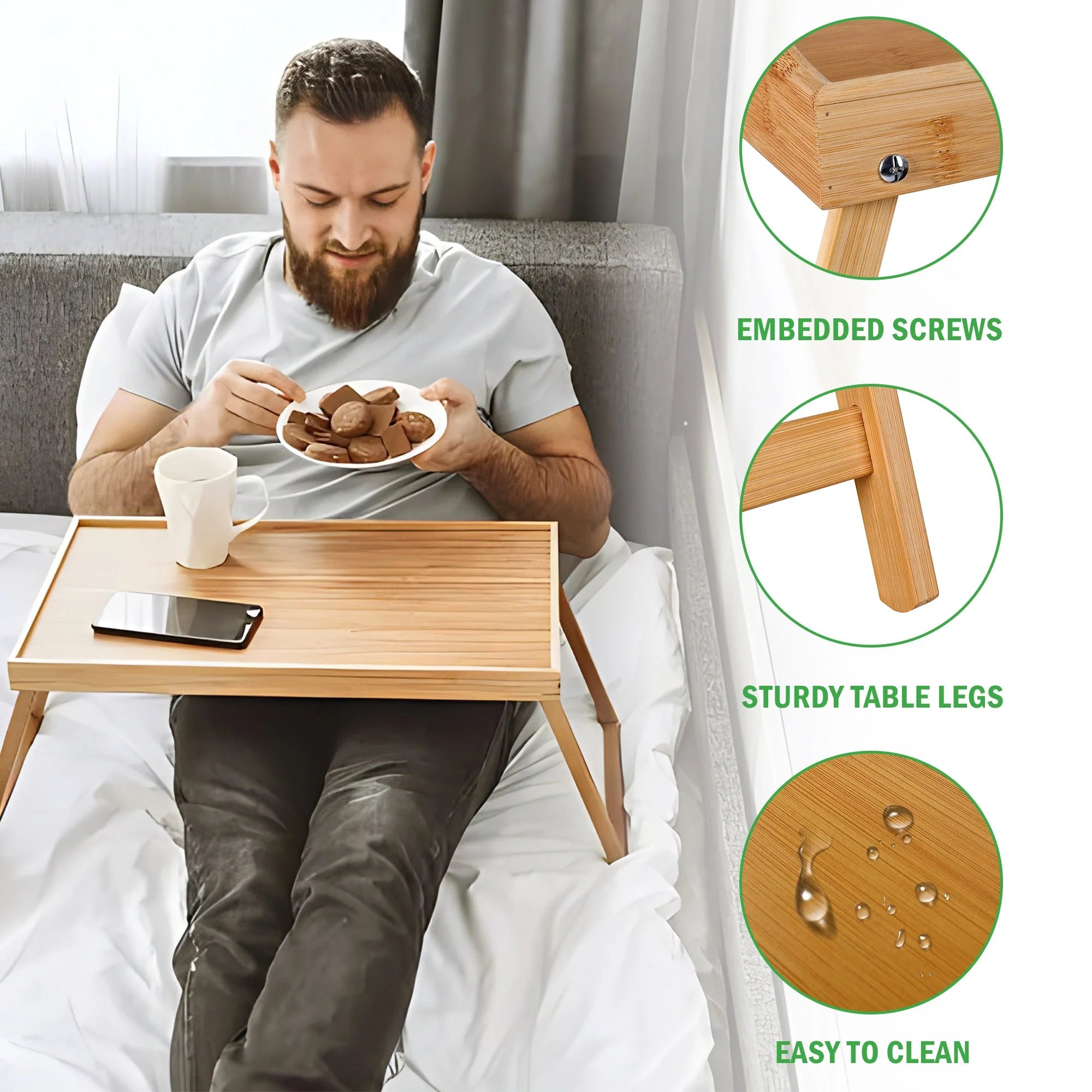 Foldable Bamboo Bed Tray Table 23.6" x 11.8" Breakfast Serving Tray with Legs AMBKT50 - Image 3
