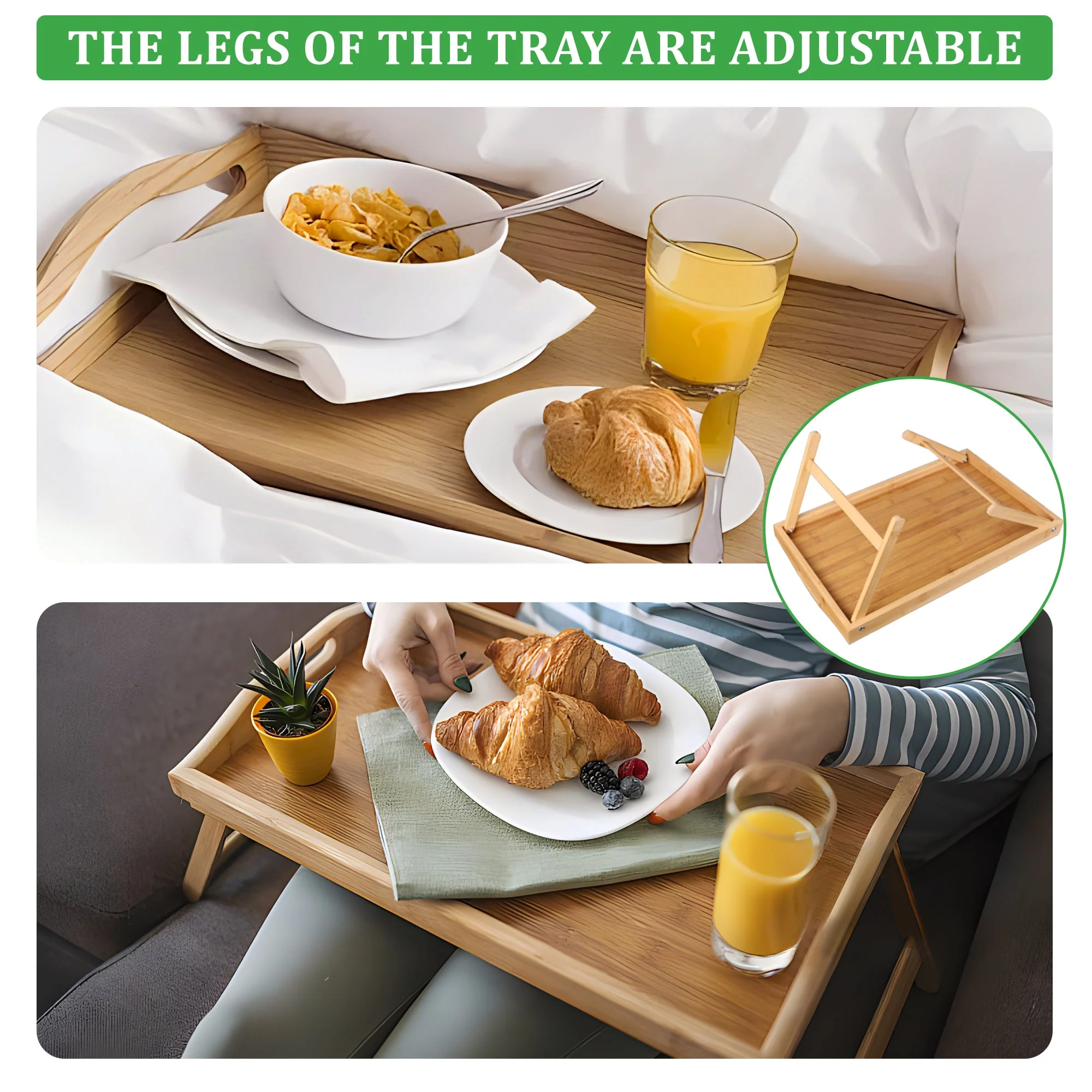 Foldable Bamboo Bed Tray Table 23.6" x 11.8" Breakfast Serving Tray with Legs AMBKT50 - Image 4