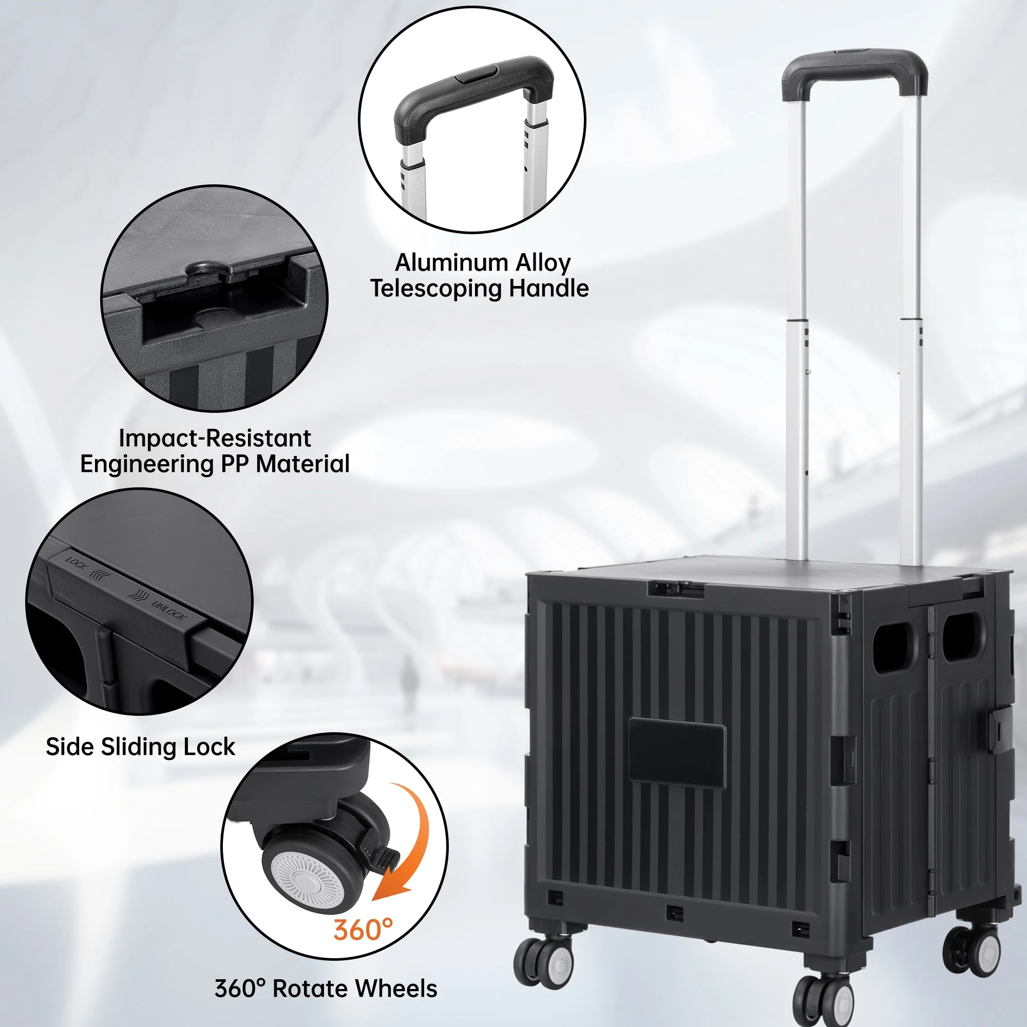 Foldable Shopping Cart with Lid 45L Rolling Storage Cart with 360° Wheels Black AMBWC303 - Image 2
