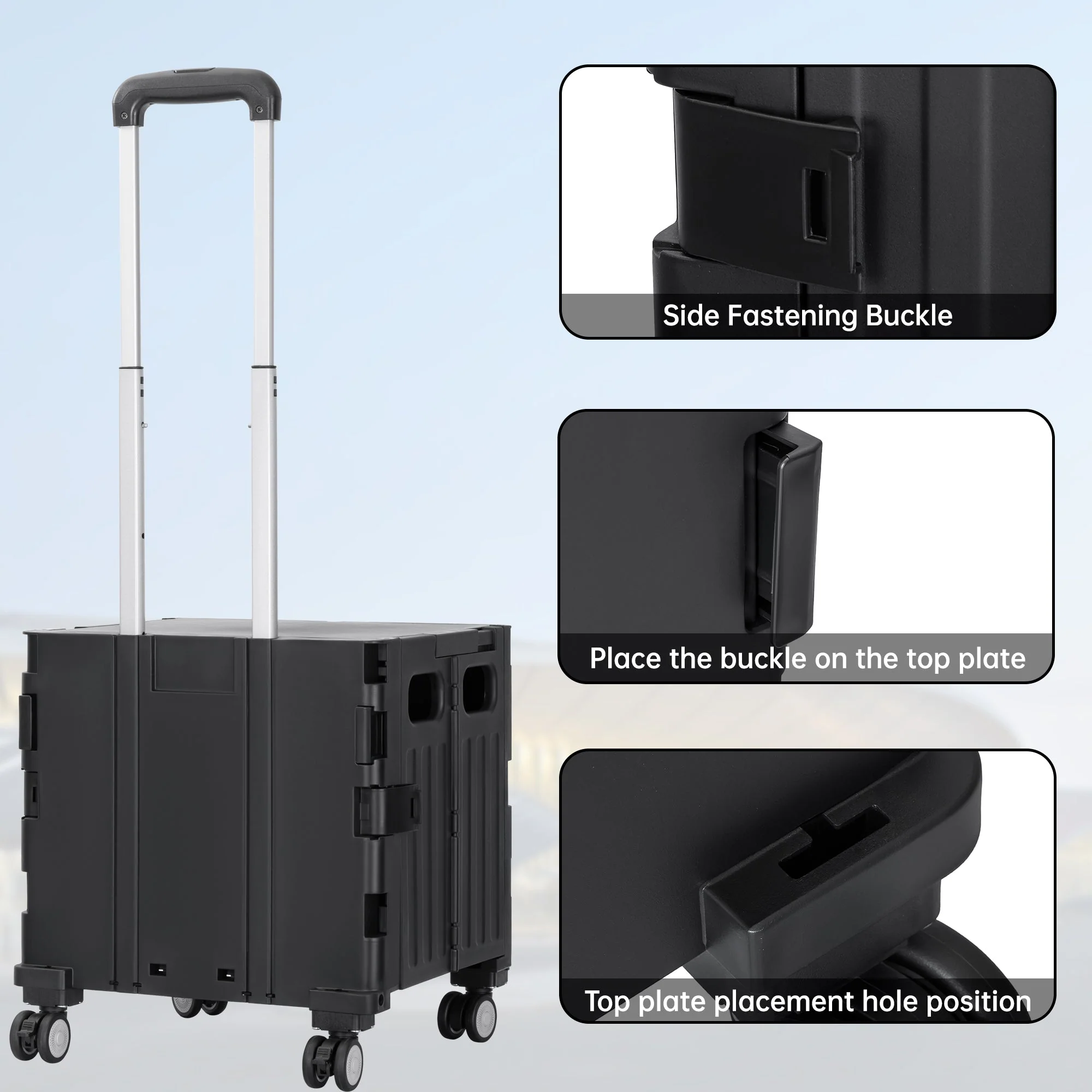 Foldable Shopping Cart with Lid 45L Rolling Storage Cart with 360° Wheels Black AMBWC303 - Image 3