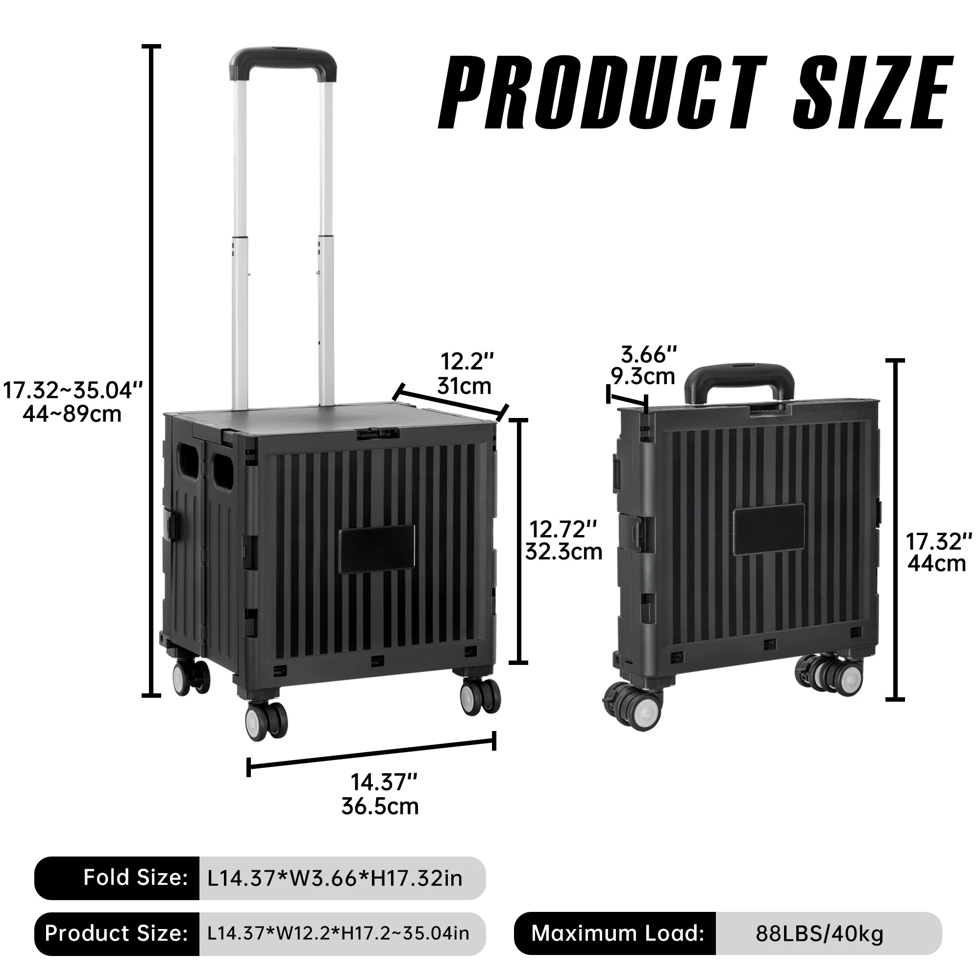Foldable Shopping Cart with Lid 45L Rolling Storage Cart with 360° Wheels Black AMBWC303 - Image 5