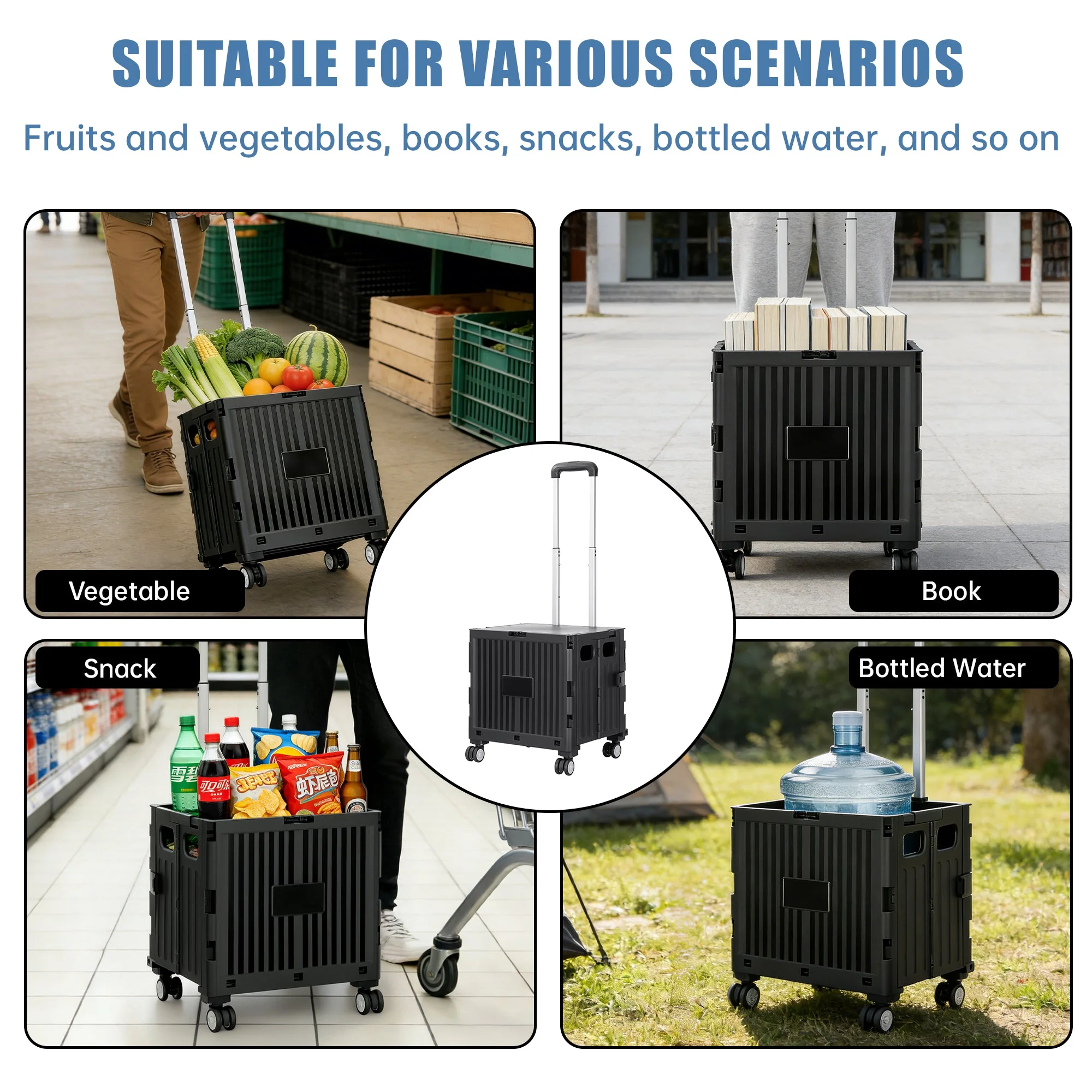 Foldable Shopping Cart with Lid 45L Rolling Storage Cart with 360° Wheels Black AMBWC303 - Image 6