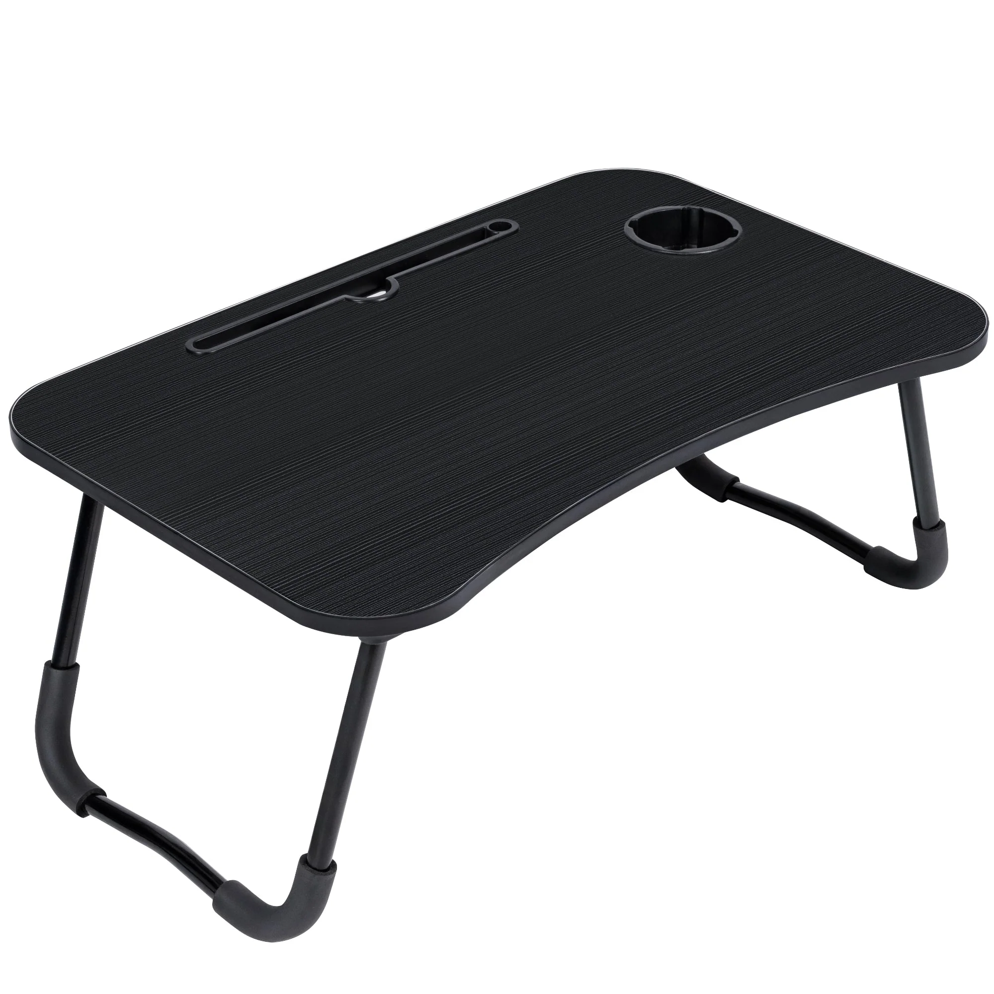 Folding Laptop Table for Bed & Sofa with Cup Holder – Portable Breakfast Tray, Laptop Bed Desk, Steel Legs, Black AMMBT64
