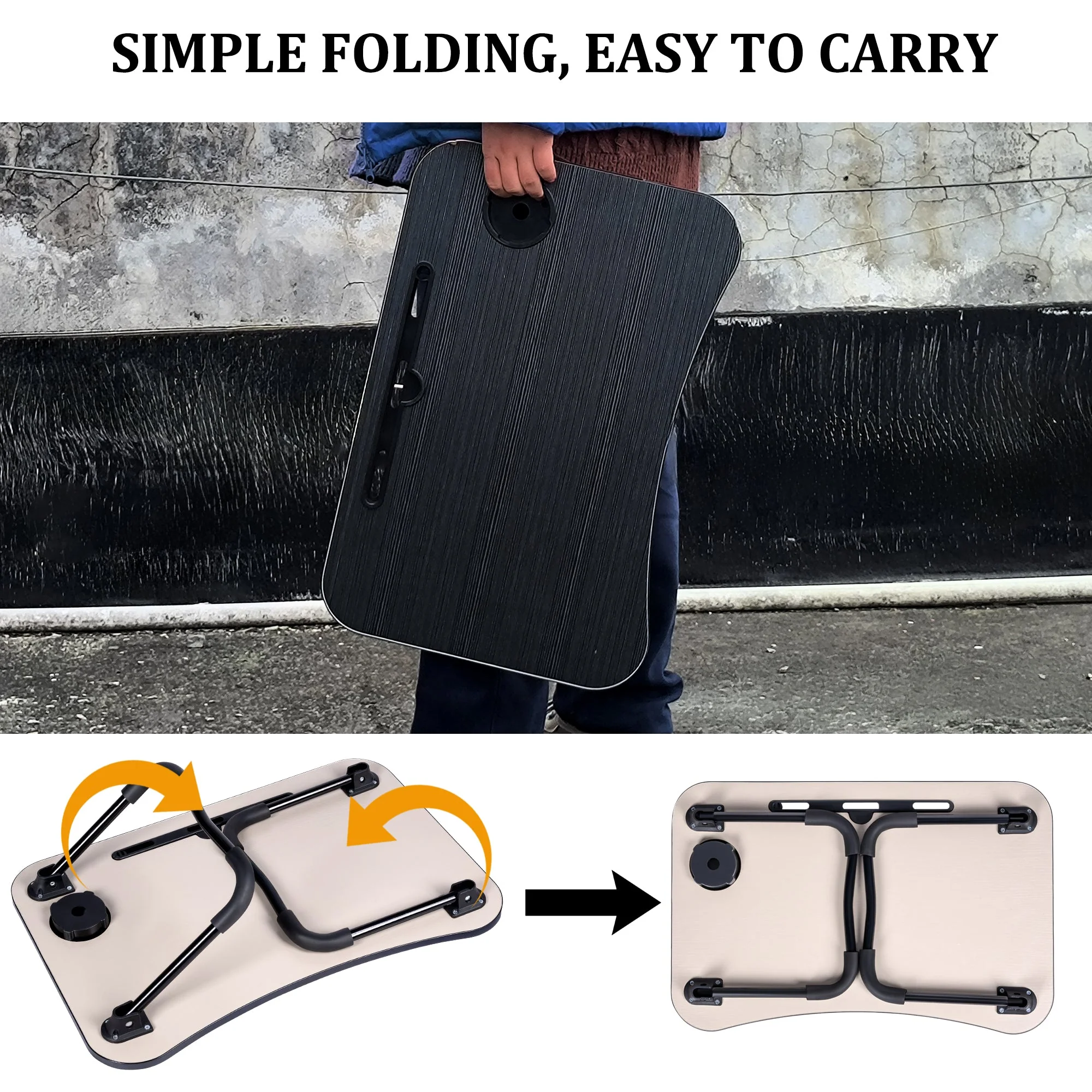 Folding Laptop Table for Bed & Sofa with Cup Holder – Portable Breakfast Tray, Laptop Bed Desk, Steel Legs, Black AMMBT64 - Image 4