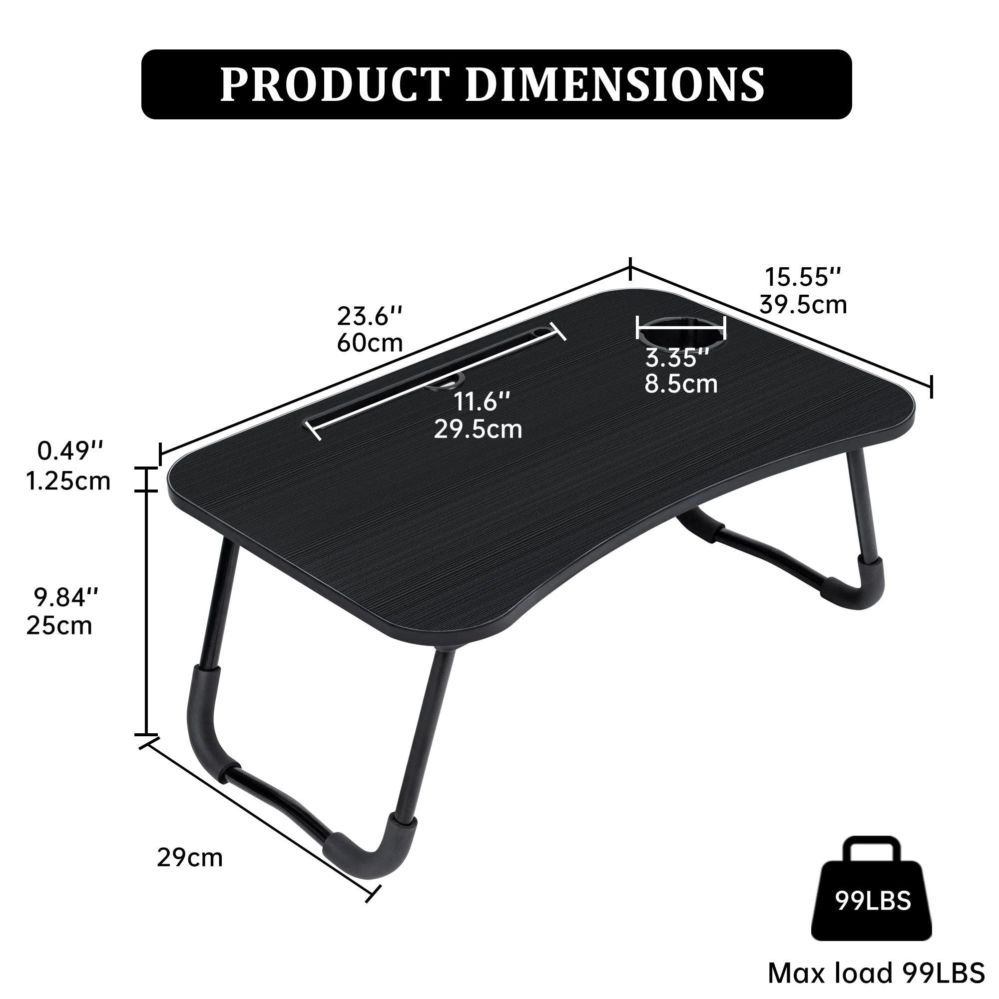 Folding Laptop Table for Bed & Sofa with Cup Holder – Portable Breakfast Tray, Laptop Bed Desk, Steel Legs, Black AMMBT64 - Image 5