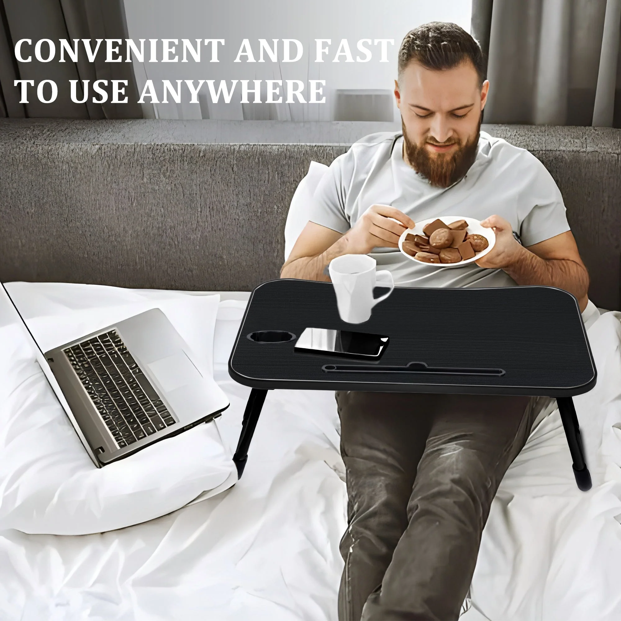 Folding Laptop Table for Bed & Sofa with Cup Holder – Portable Breakfast Tray, Laptop Bed Desk, Steel Legs, Black AMMBT64 - Image 7