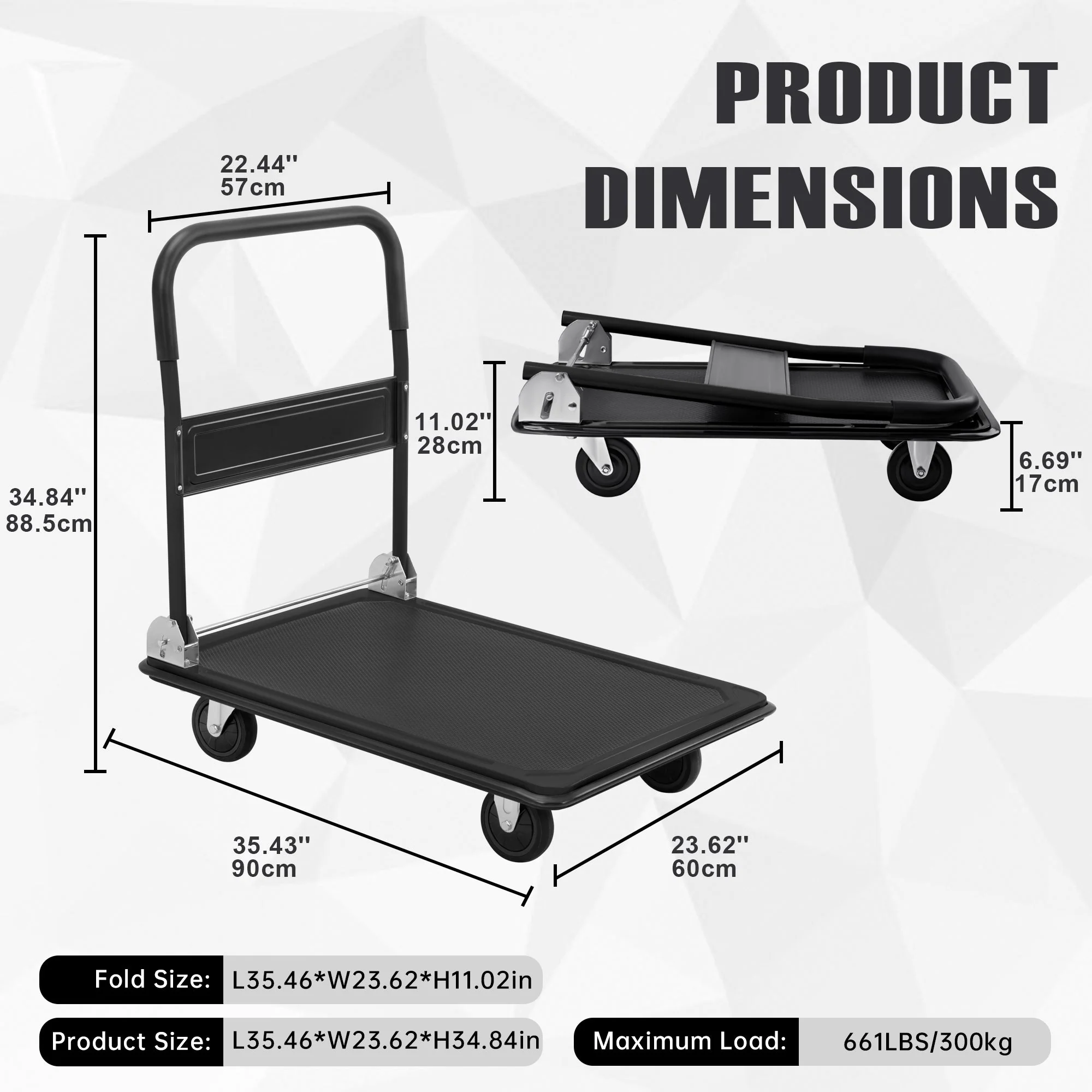 Folding Steel Platform Cart 660 lb Capacity Heavy Duty Warehouse Dolly AMMPC300 - Image 5