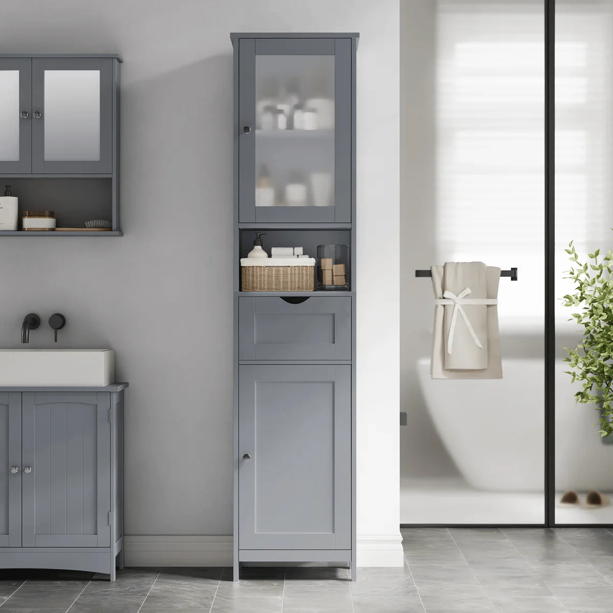 Freestanding Tall Bathroom Storage Cabinet 67in Slim Floor Standing Linen Organizer White / Grey STC022W