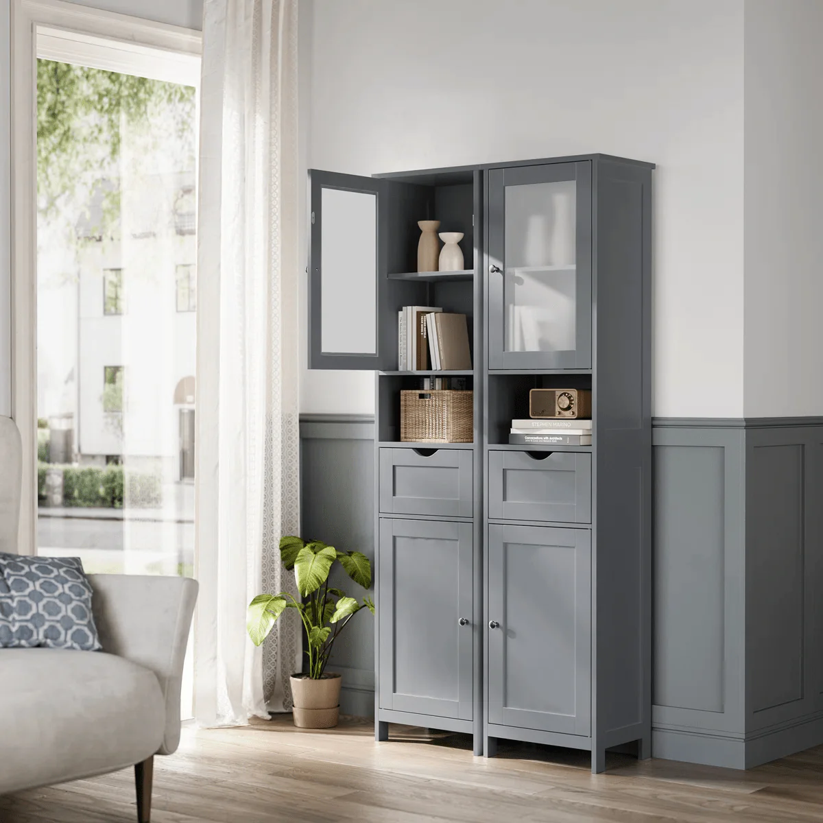 Freestanding Tall Bathroom Storage Cabinet 67in Slim Floor Standing Linen Organizer White / Grey STC022W - Image 3