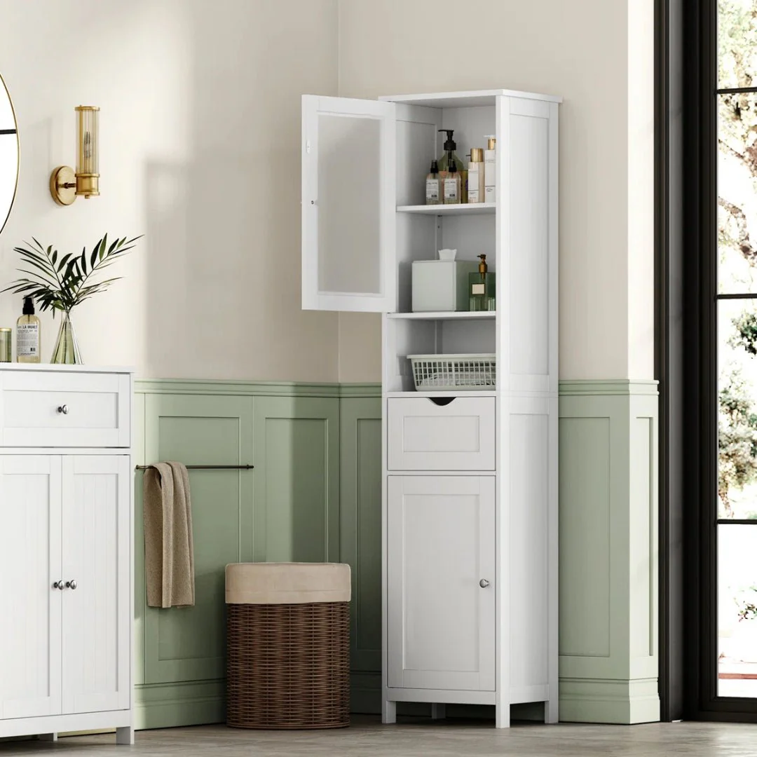 Freestanding Tall Bathroom Storage Cabinet 67in Slim Floor Standing Linen Organizer White / Grey STC022W - Image 9