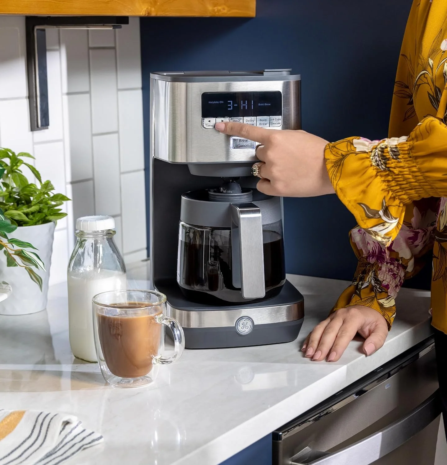 GE Drip Coffee Maker With Timer | 12-Cup Glass Carafe Coffee Pot With Adjustable Keep Warm Plate | Wide Shower Head for Maximum Flavor | Kitchen Essentials | Stainless Steel - Image 2