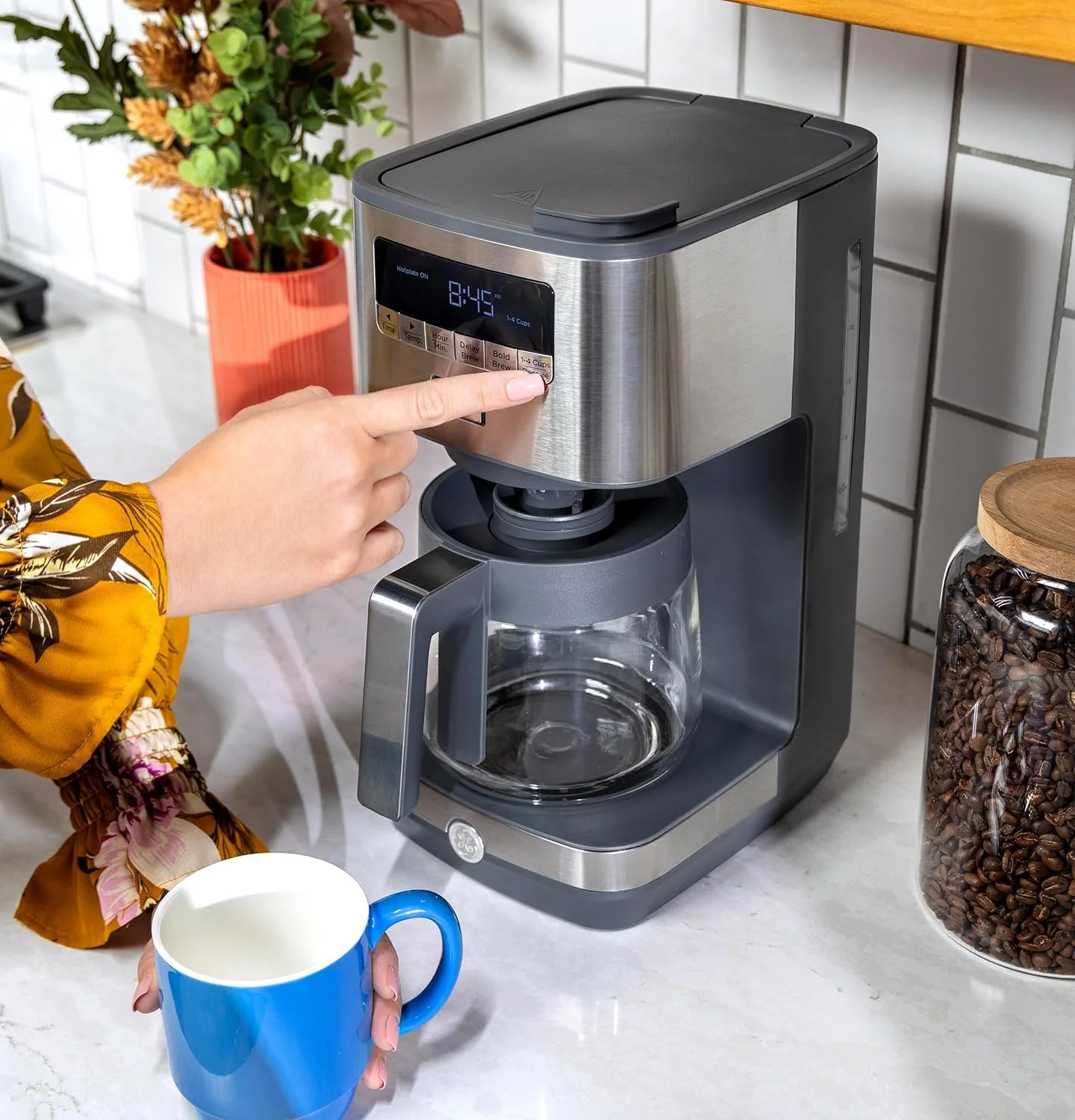 GE Drip Coffee Maker With Timer | 12-Cup Glass Carafe Coffee Pot With Adjustable Keep Warm Plate | Wide Shower Head for Maximum Flavor | Kitchen Essentials | Stainless Steel - Image 4