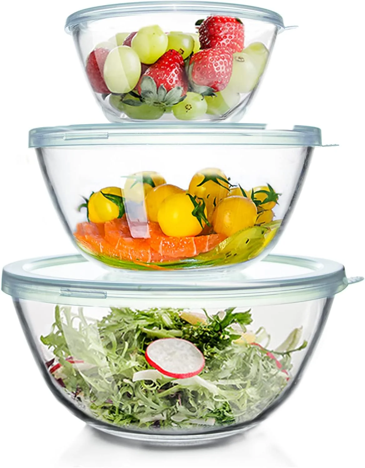 3-Piece Glass Mixing Bowl Set with Lids Nesting Salad Prep Baking Bowls 4.5QT 2.7QT 1.1QT S1342