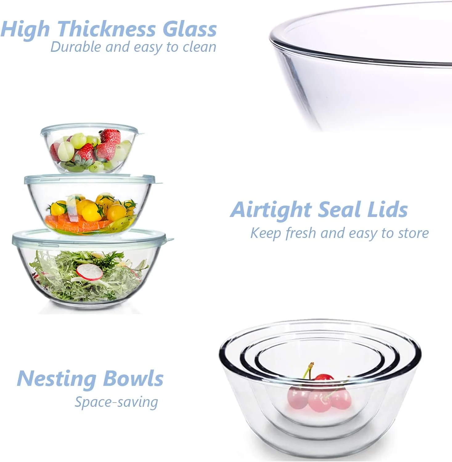 3-Piece Glass Mixing Bowl Set with Lids Nesting Salad Prep Baking Bowls 4.5QT 2.7QT 1.1QT S1342 - Image 3