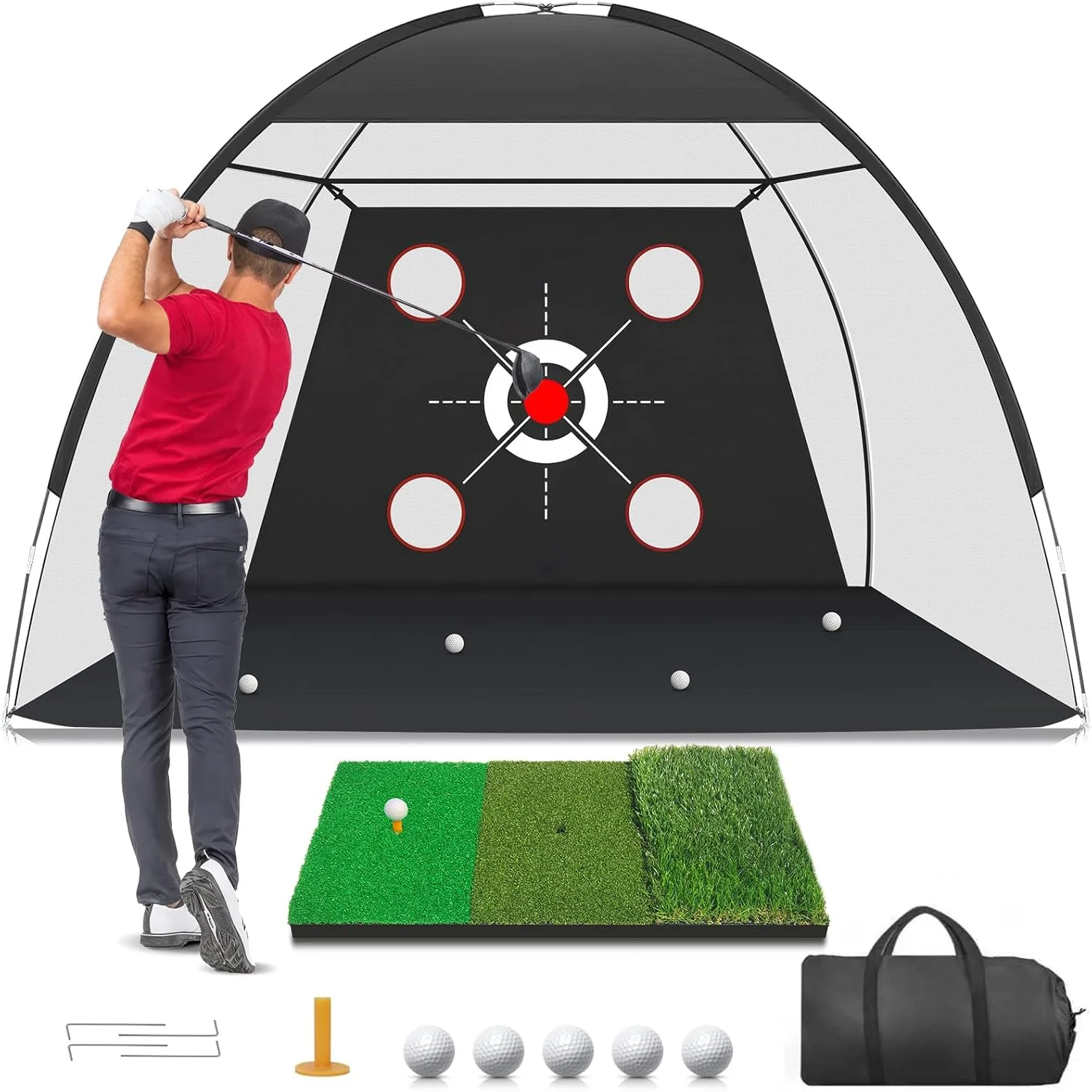 Golf Practice Net: 10x7FT Driving Range with Tri-Turf Mat & Quiet Nylon Target GN1007 - Image 5