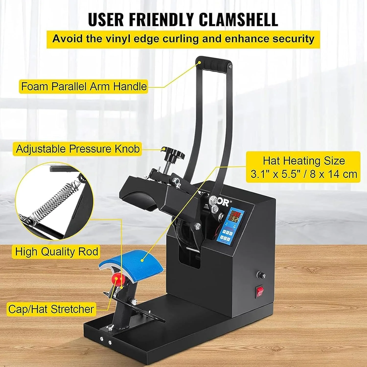 Hat Heat Press, 350W Curved Element Hat Press, LCD Digital Timer Temperature Control, Adjustable Pressure Knob for Hat T-Shirts, Shoes, Hats, Bags Transfer Heat Press - Image 2