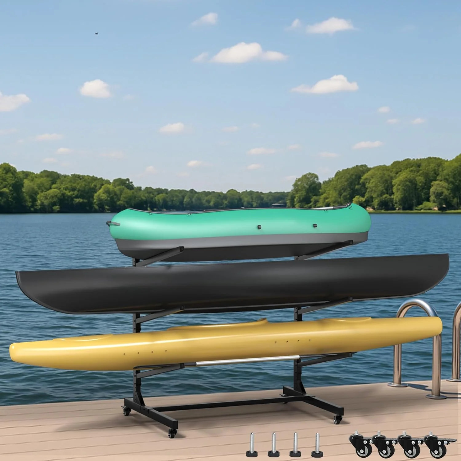 Heavy-Duty 3–4 Tier Kayak Storage Rack with Wheels – Adjustable Freestanding Kayak & Paddleboard Rack KR4TBLK